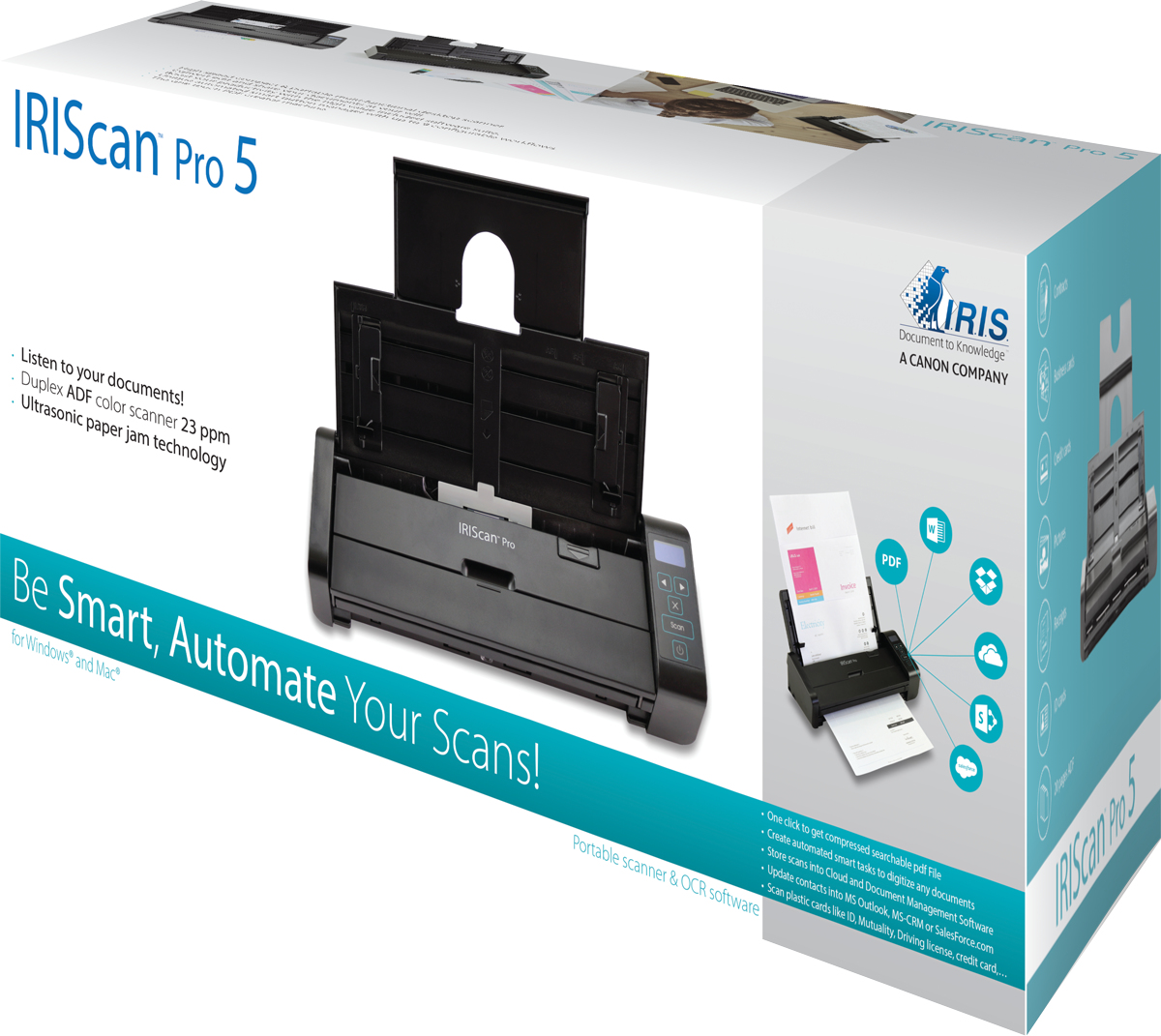 Verpackung für IRIScan Pro 5 tragbaren Scanner. Merkmale: ADF, Farbscans und OCR-Software.