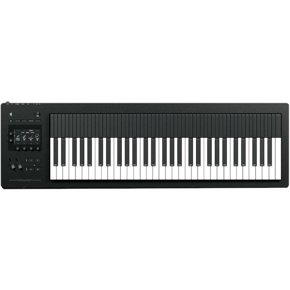 Czarny keyboard elektroniczny z białymi i czarnymi klawiszami oraz ekranem po lewej stronie.