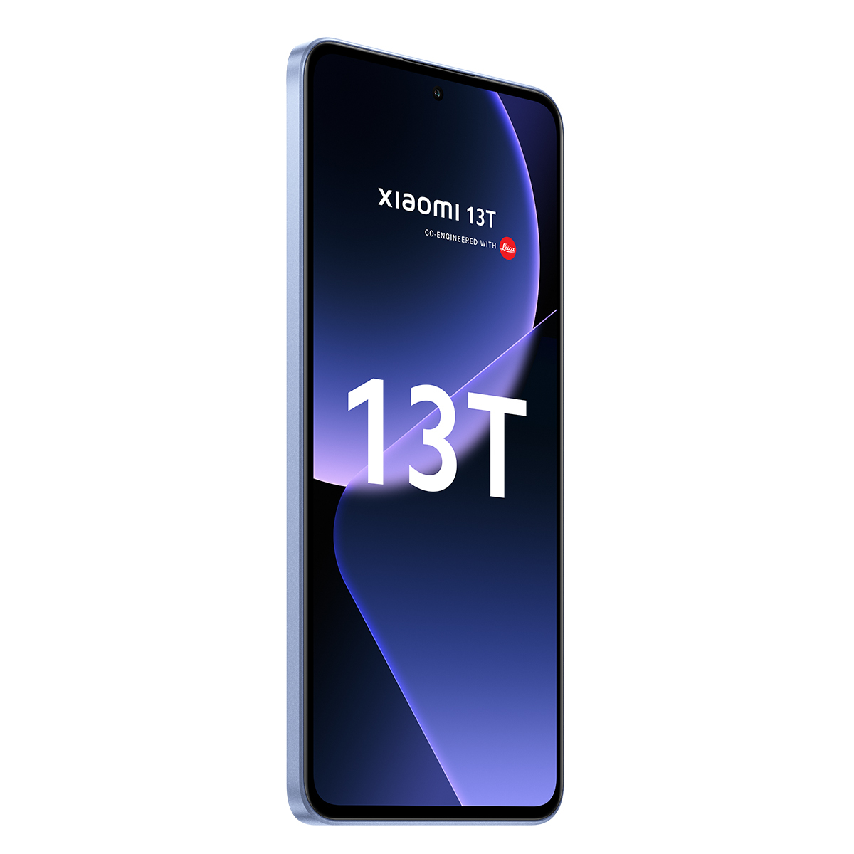 Niebieski smartfon Xiaomi 13T z logo Leica na ekranie.