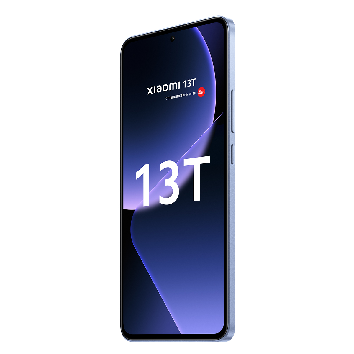 Jasnoniebieski smartfon Xiaomi 13T z logo Leica na ekranie.