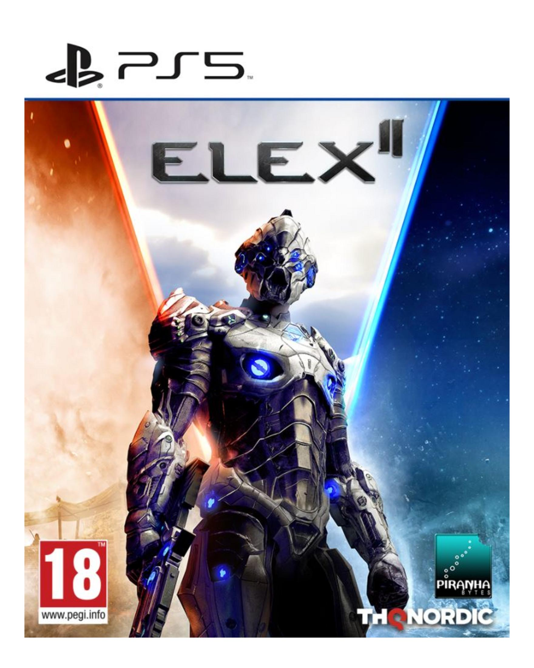 Un guerrero cibernético con luces azules, ante un cielo dramático y el logo de PS5.