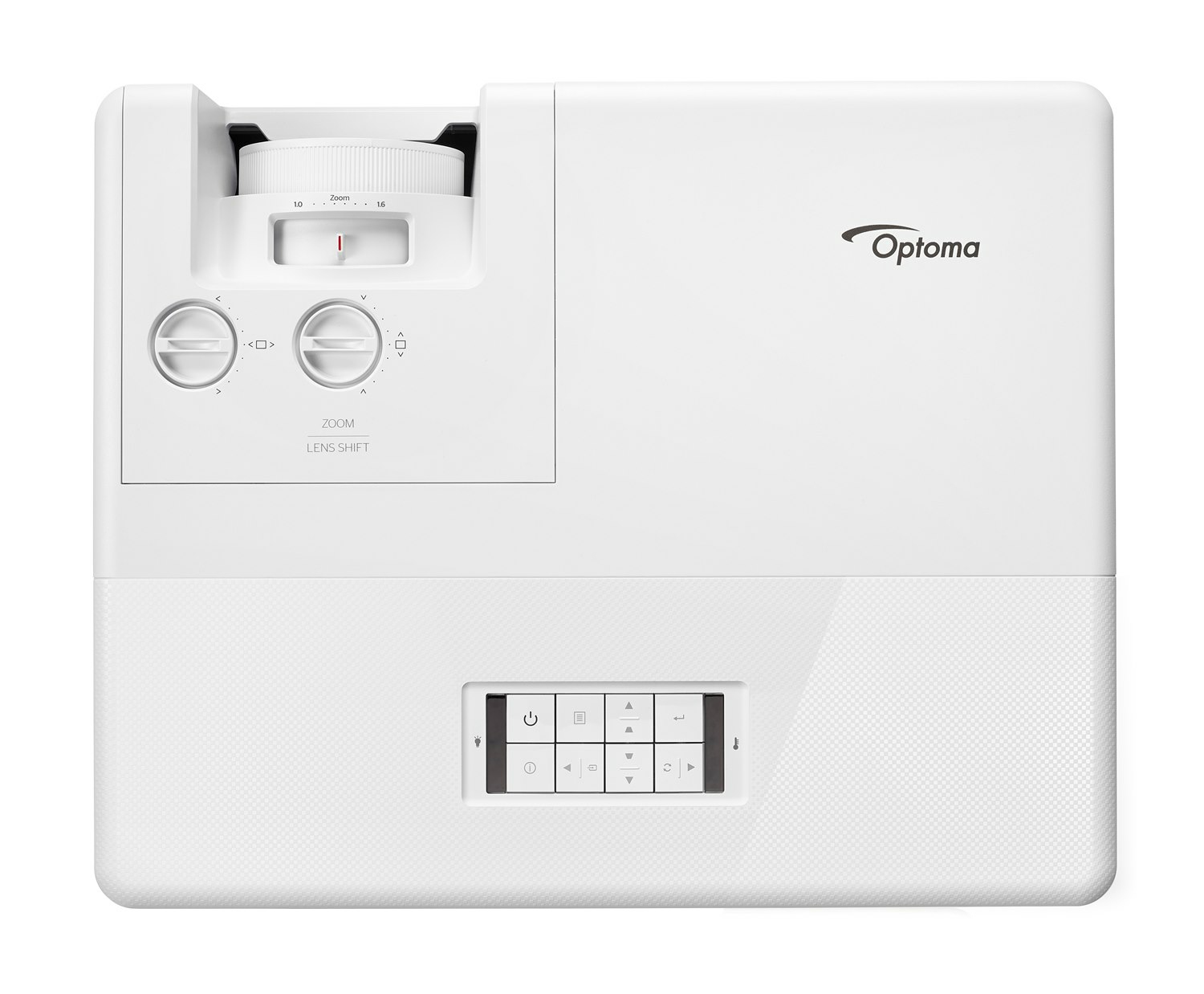 Weißer Optoma-Projektor mit Zoom- und Lens-Shift-Rädern und Steuertasten.