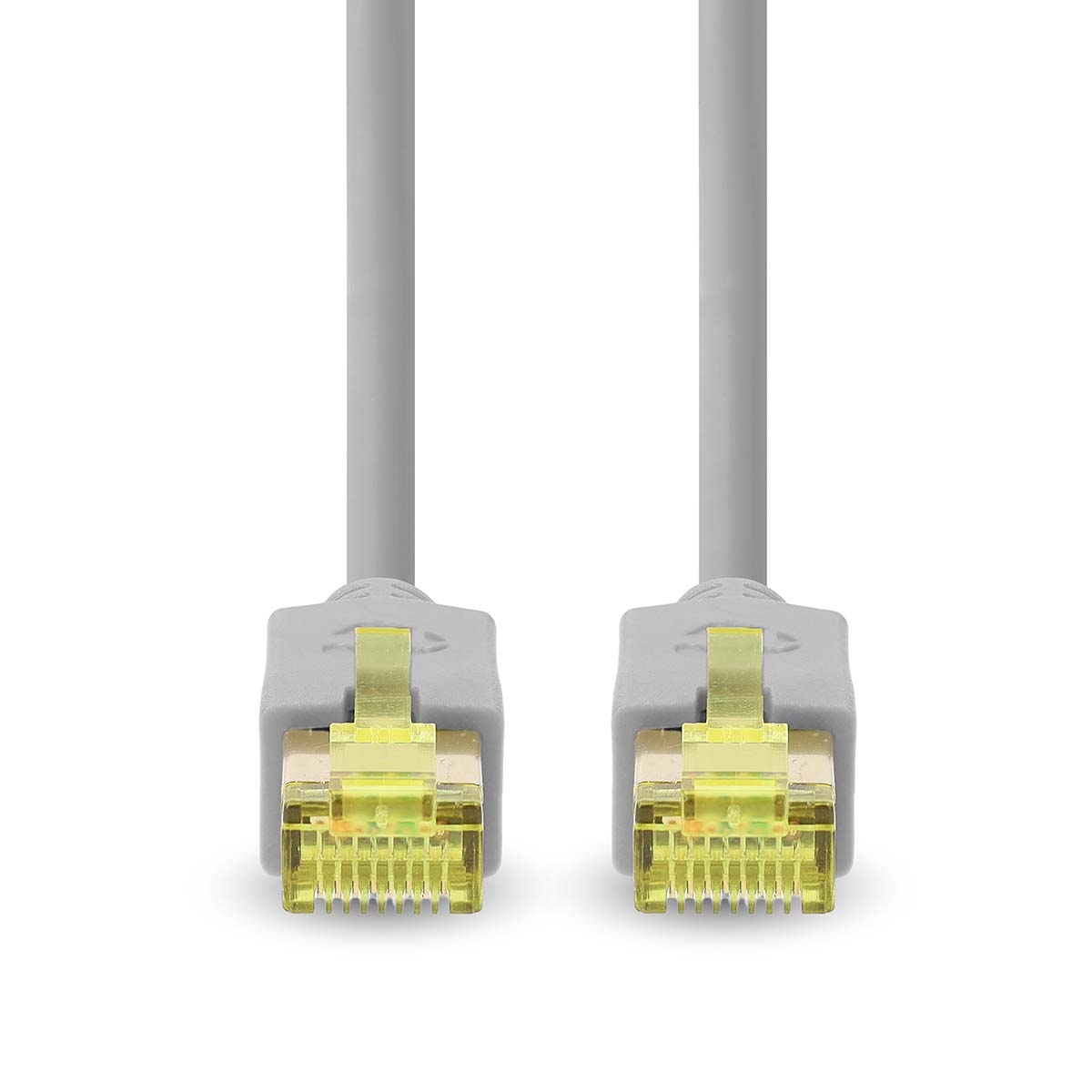 Two gray network cables with clear yellow RJ45 connectors on a white background.