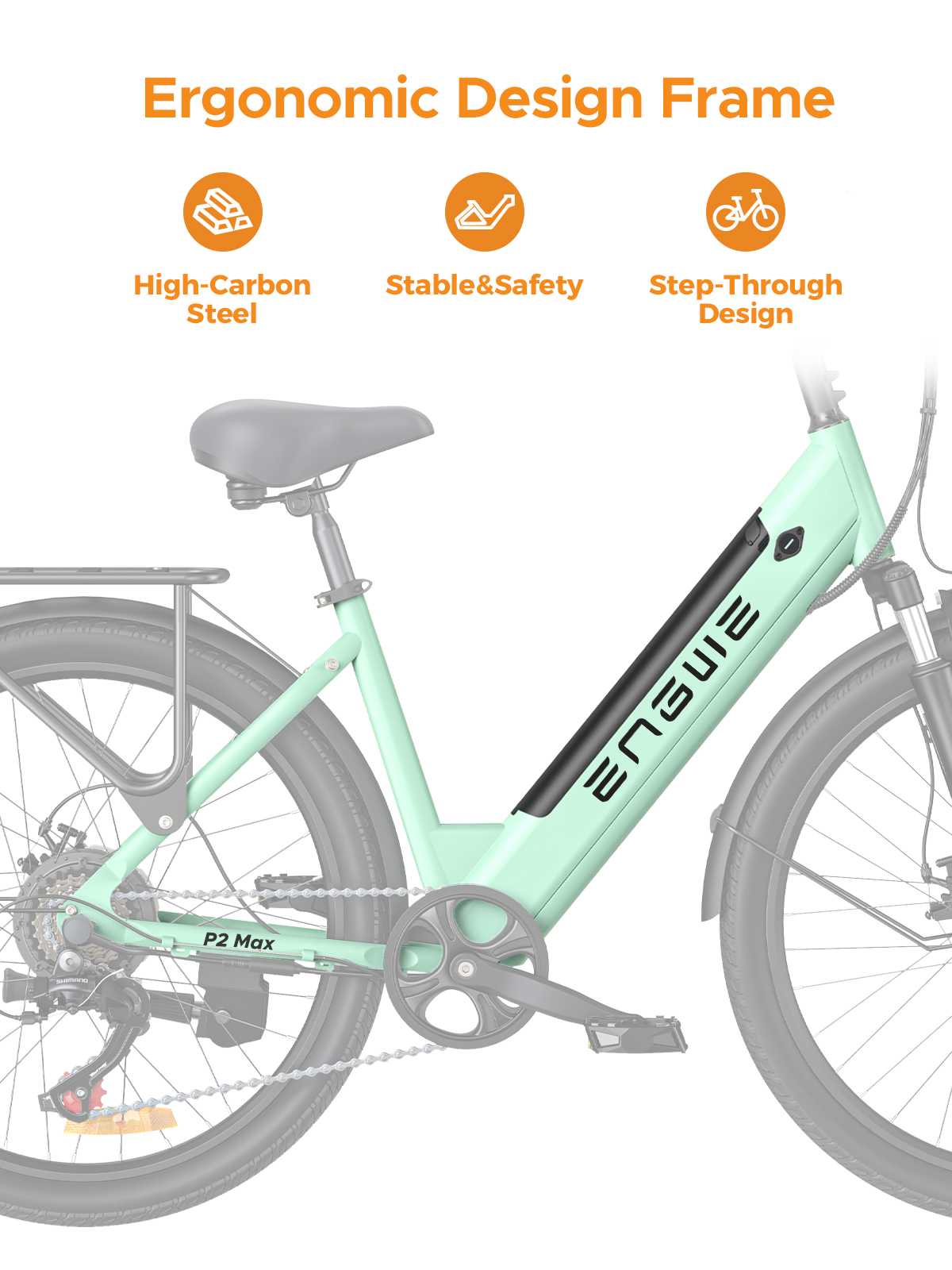 Ein mintgrünes Fahrrad mit schwarzem Akku-Pack, silbernem Gepäckträger und Schriftzug 'P2 Max'.