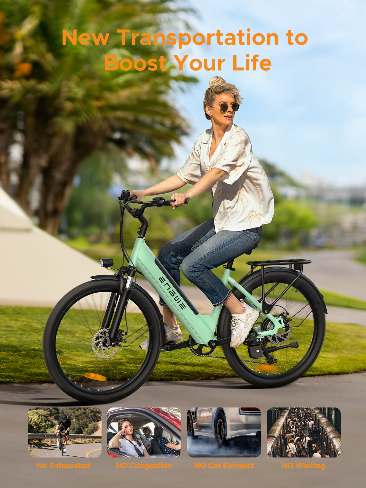 Eine Frau fährt ein mintgrünes E-Bike im Freien mit Palmen im Hintergrund.