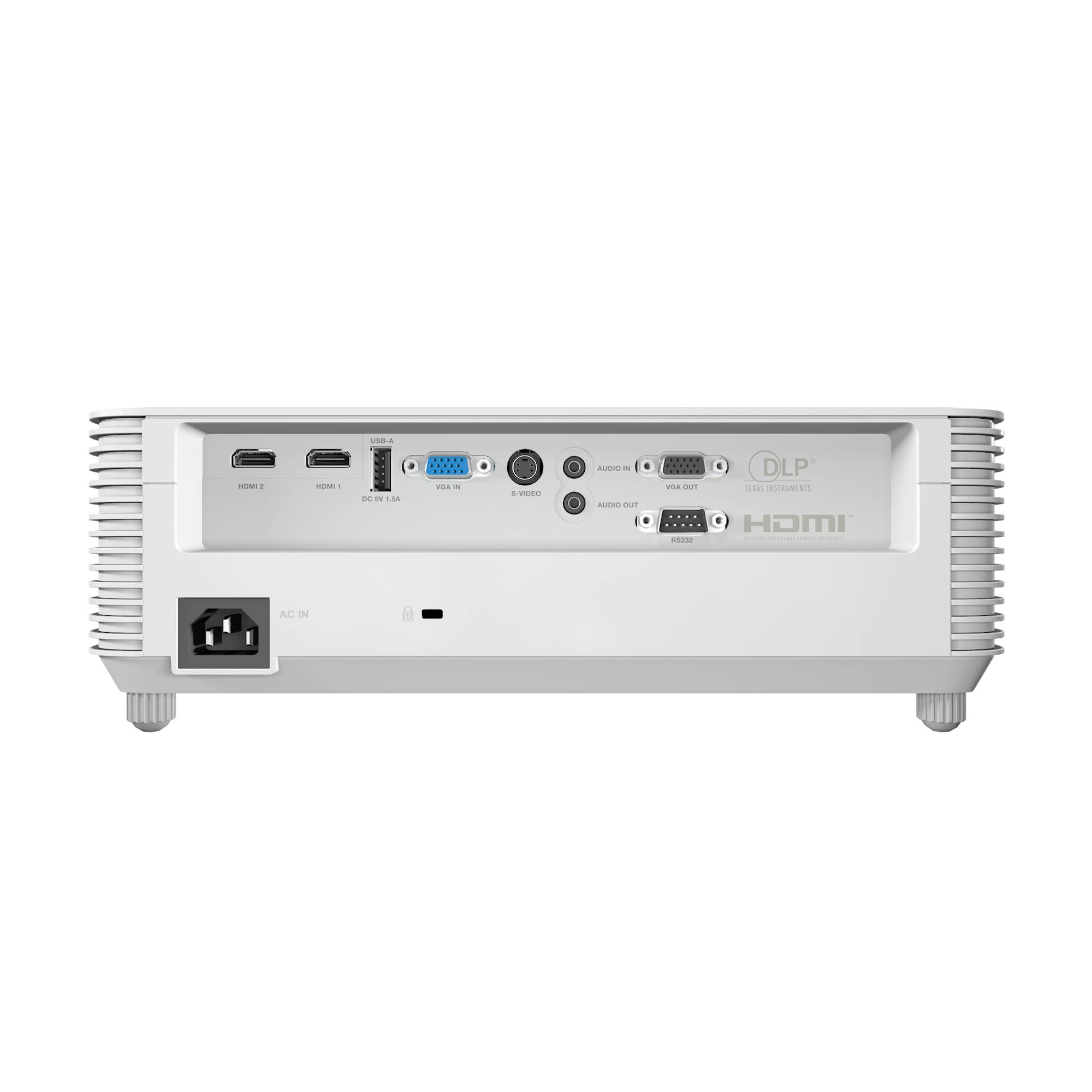 Back panel of a white projector with ports: AC IN, HDMI 1, HDMI 2, USB-A, VGA, S-VIDEO, AUDIO, RS232.
