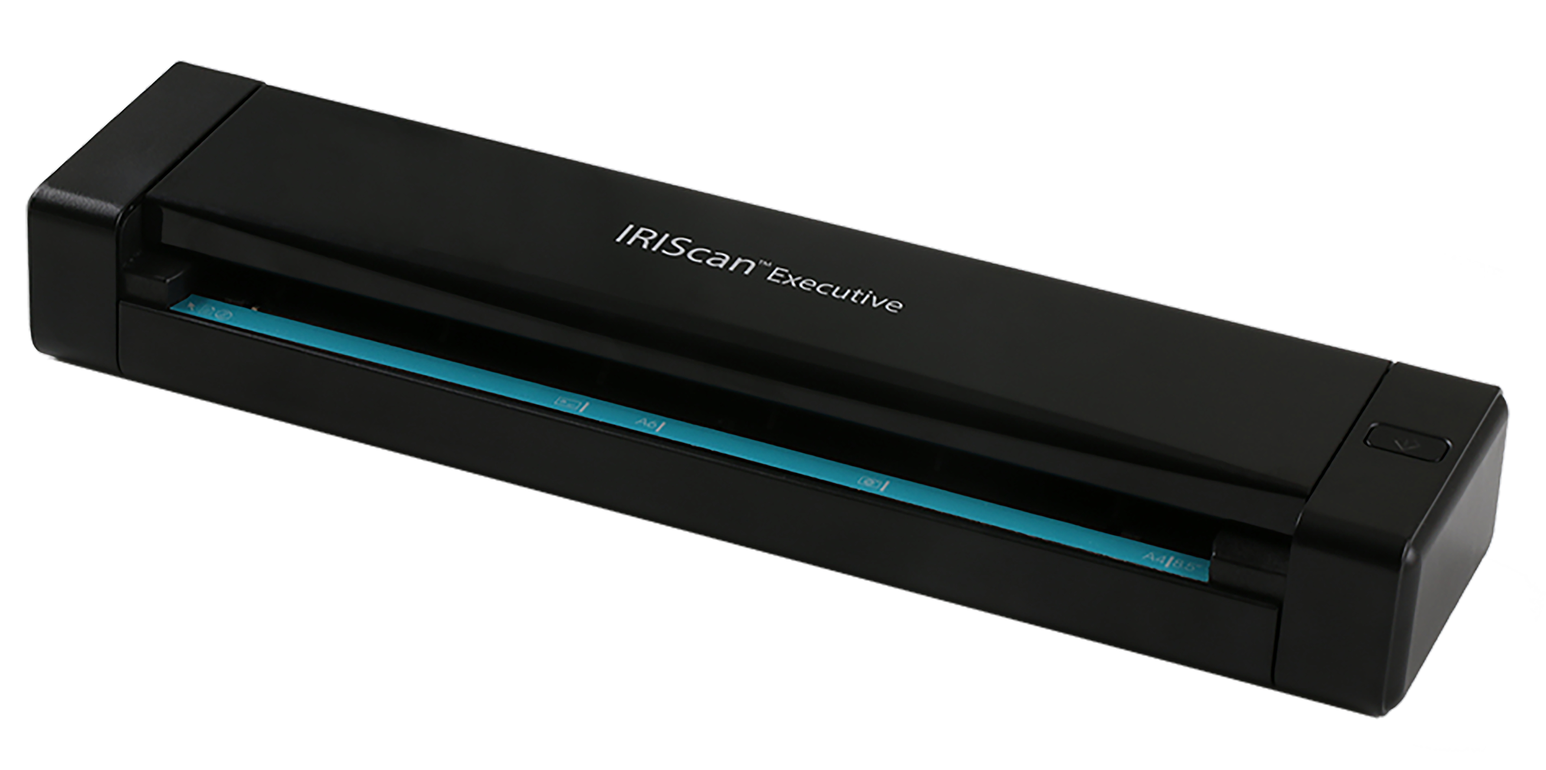Schwarzer tragbarer Scanner mit IRIScan Executive-Logo und blauer Leiste.