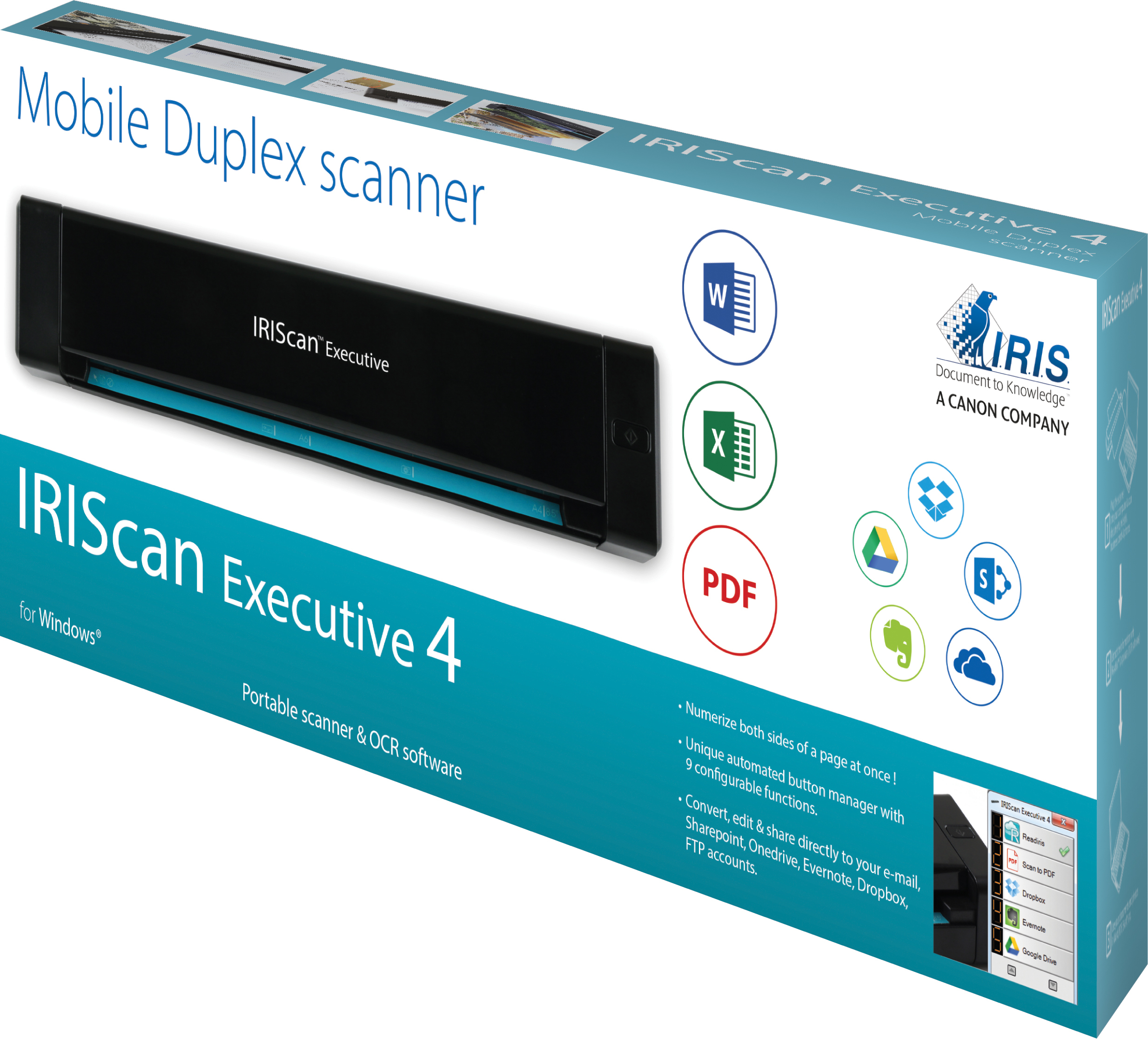 Verpackung des IRIScan Executive 4 Mobile Duplex Scanners mit Logos.