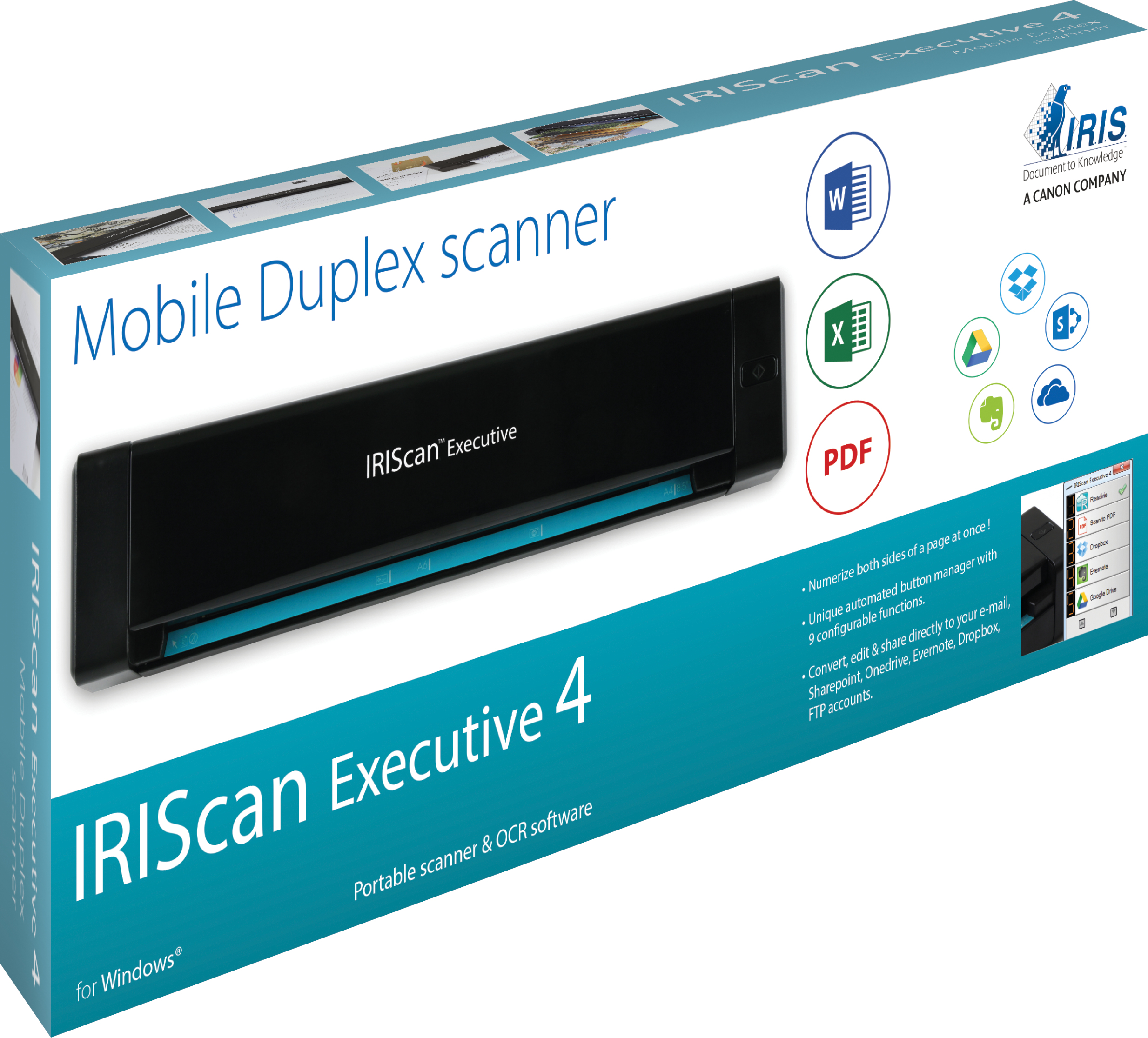 Verpackung eines mobilen Duplex-Scanners IRIScan Executive 4 mit Software und Cloud-Symbolen.