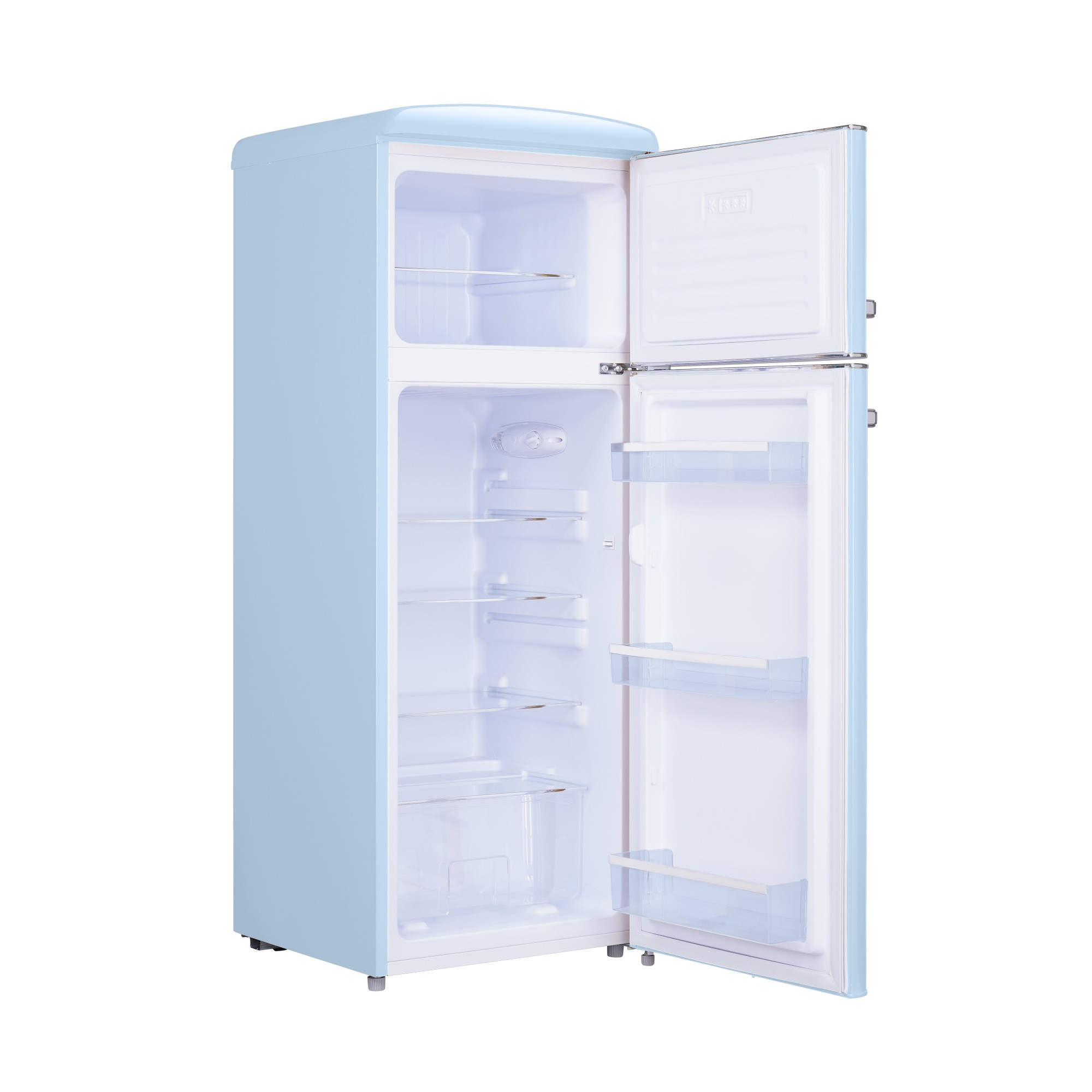 Ein hellblauer Kühlschrank mit offener Tür, leer.