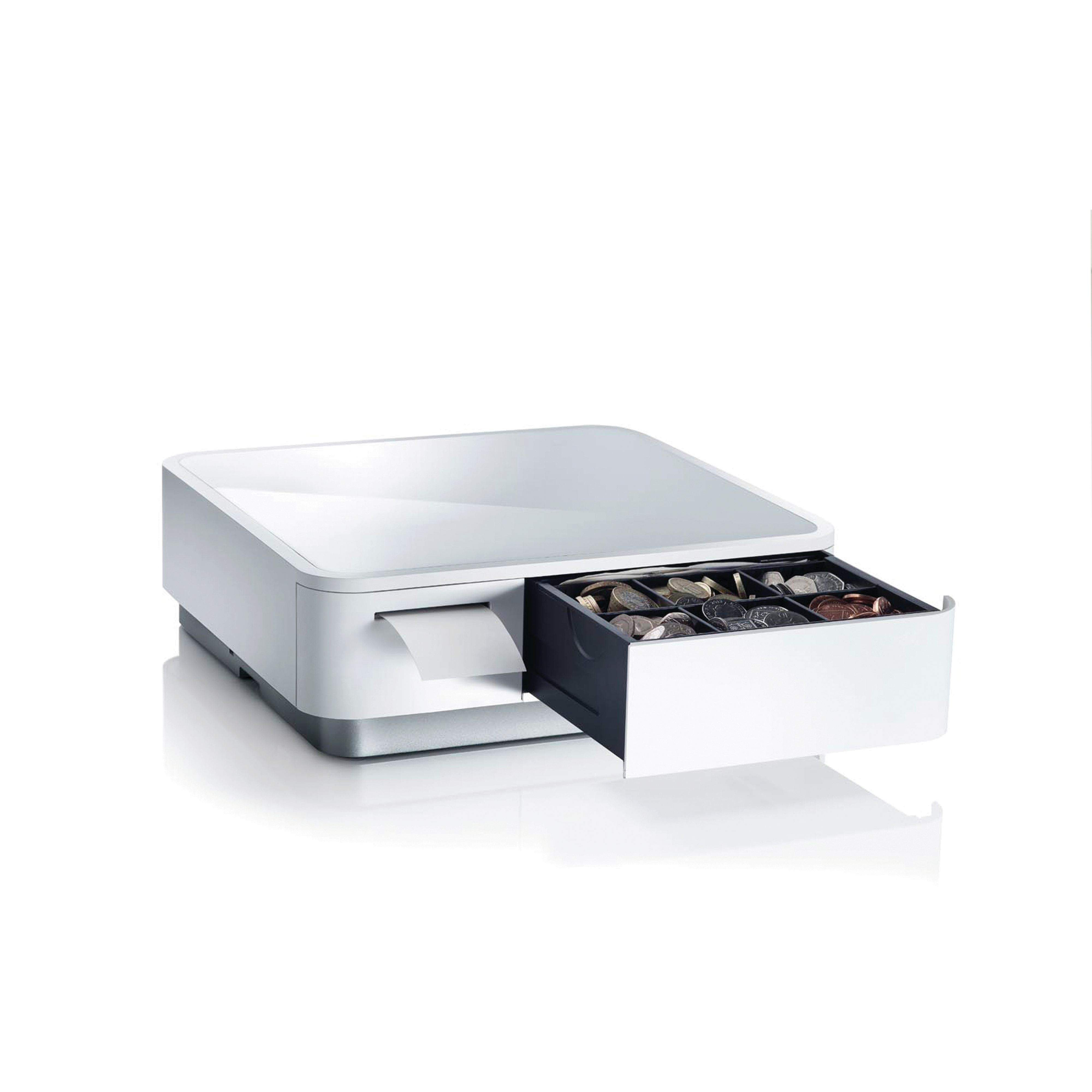 Un cassetto portadenaro bianco con monete e una ricevuta di carta.