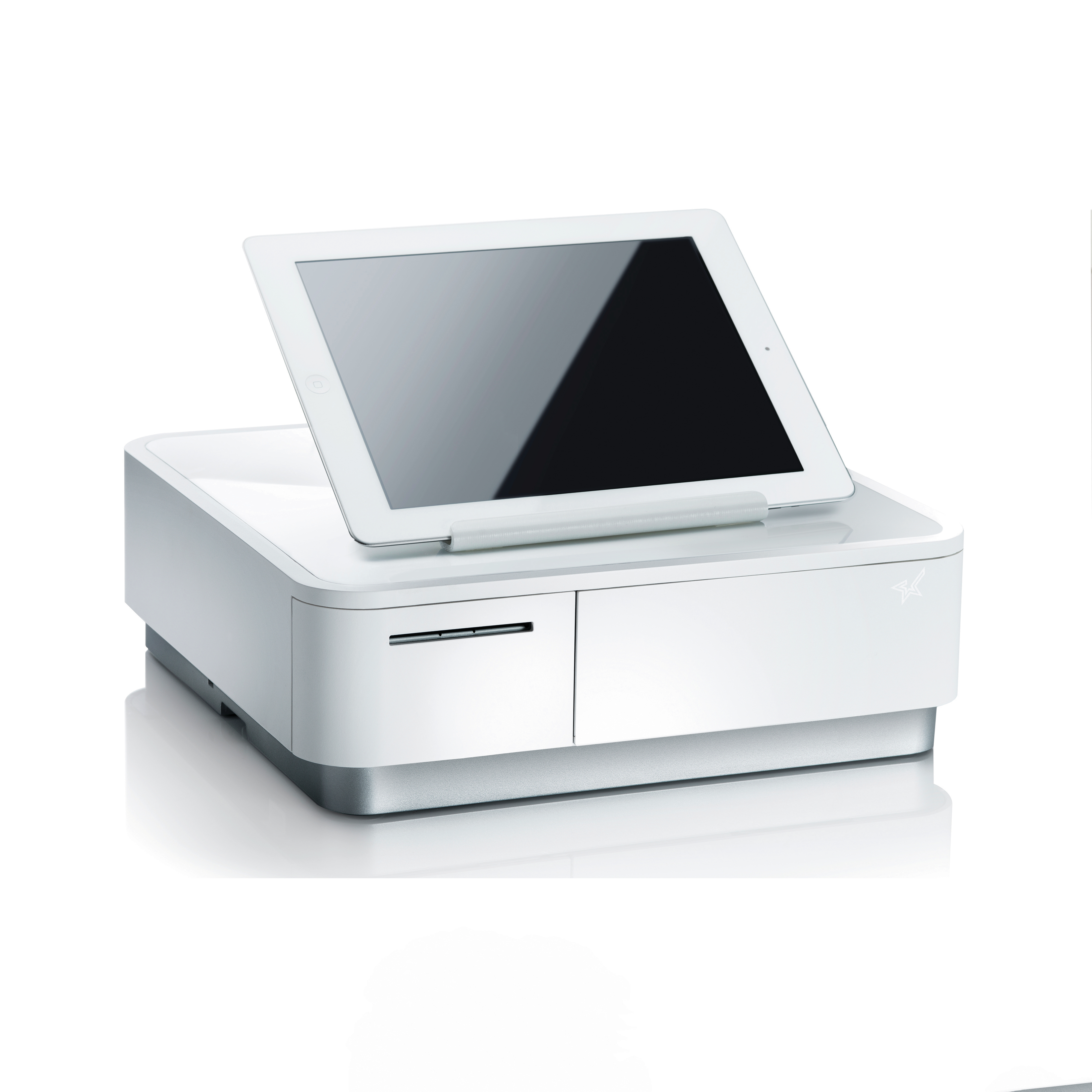 Un supporto per cassetto contanti bianco con un tablet sopra.