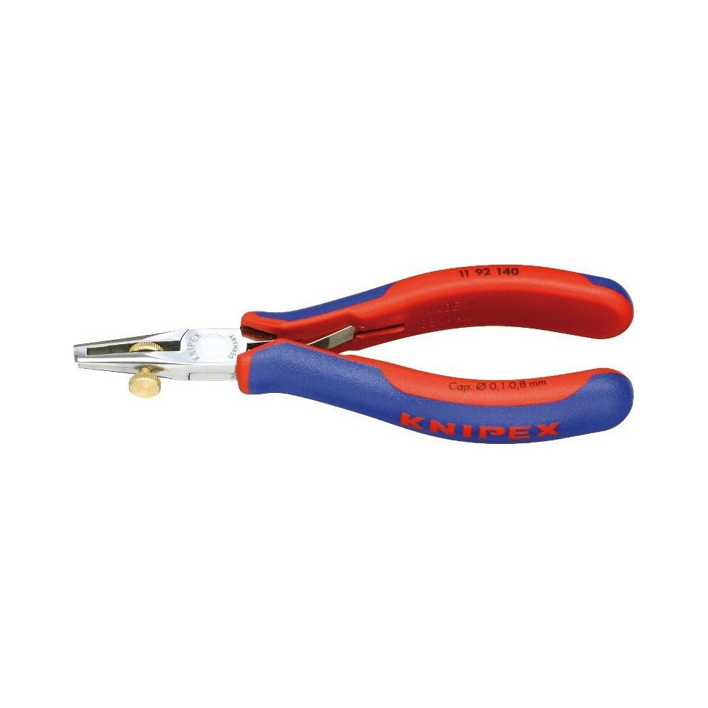 Pinza Knipex a becco lungo rossa e blu con manici isolati.