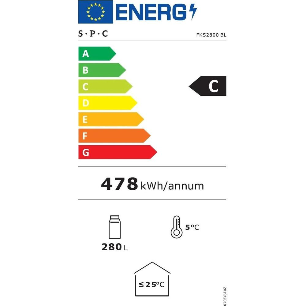 Energielabel mit Energieeffizienzklasse C, 478 kWh/Jahr, 280L Kapazität, 5°C Kühlteil.