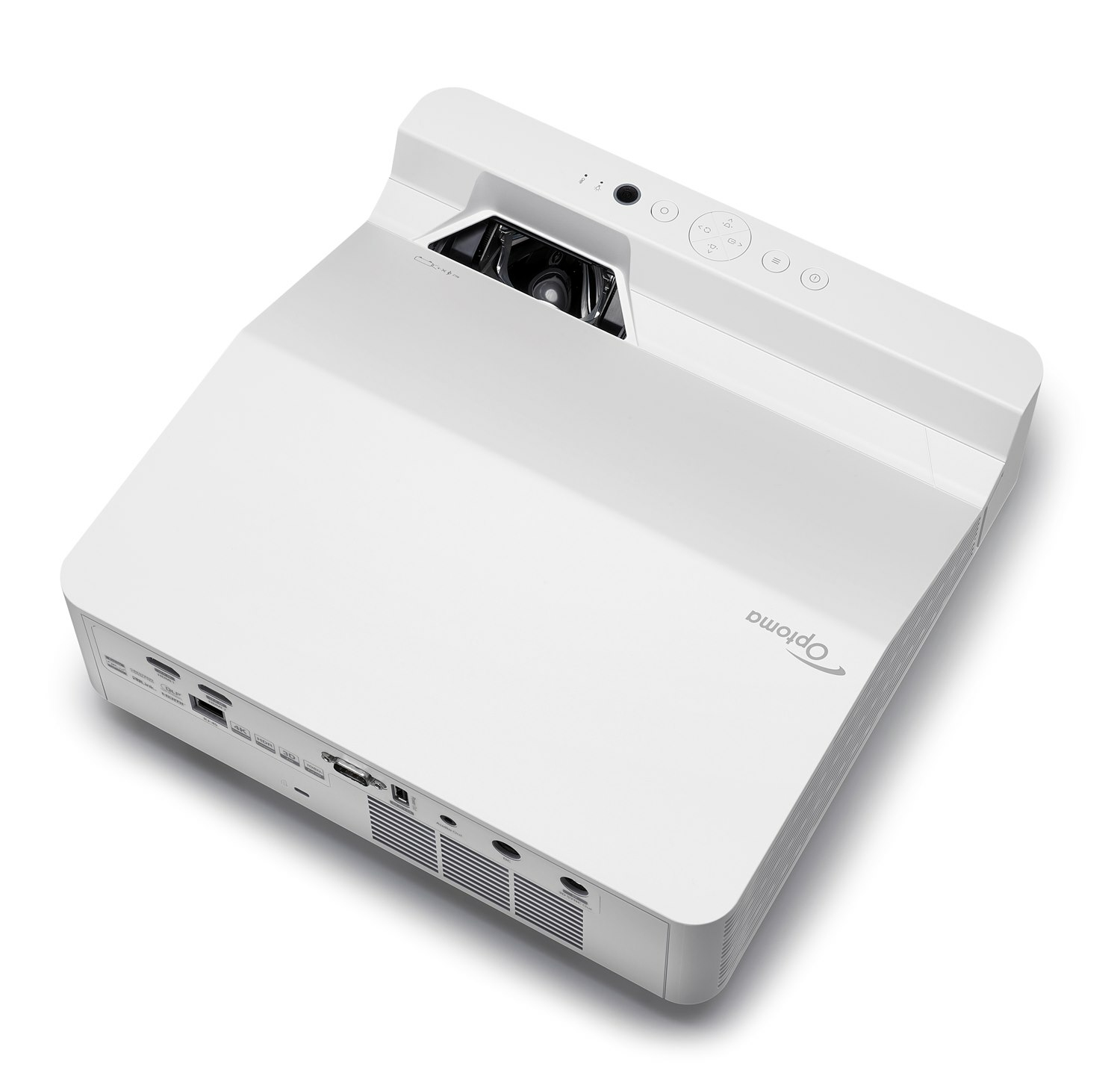 Un projecteur Optoma blanc avec objectif, boutons et ports visibles sur fond blanc.