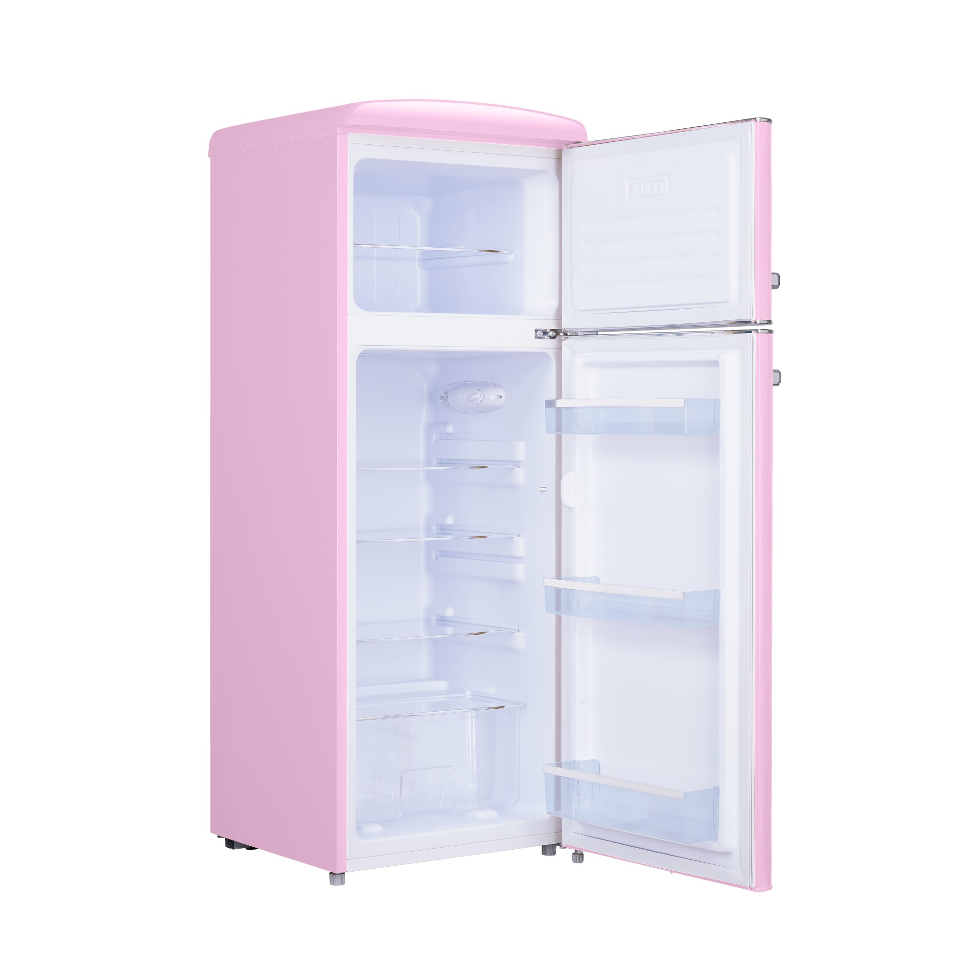 Un frigorifero rosa con la porta aperta, che mostra un interno vuoto.