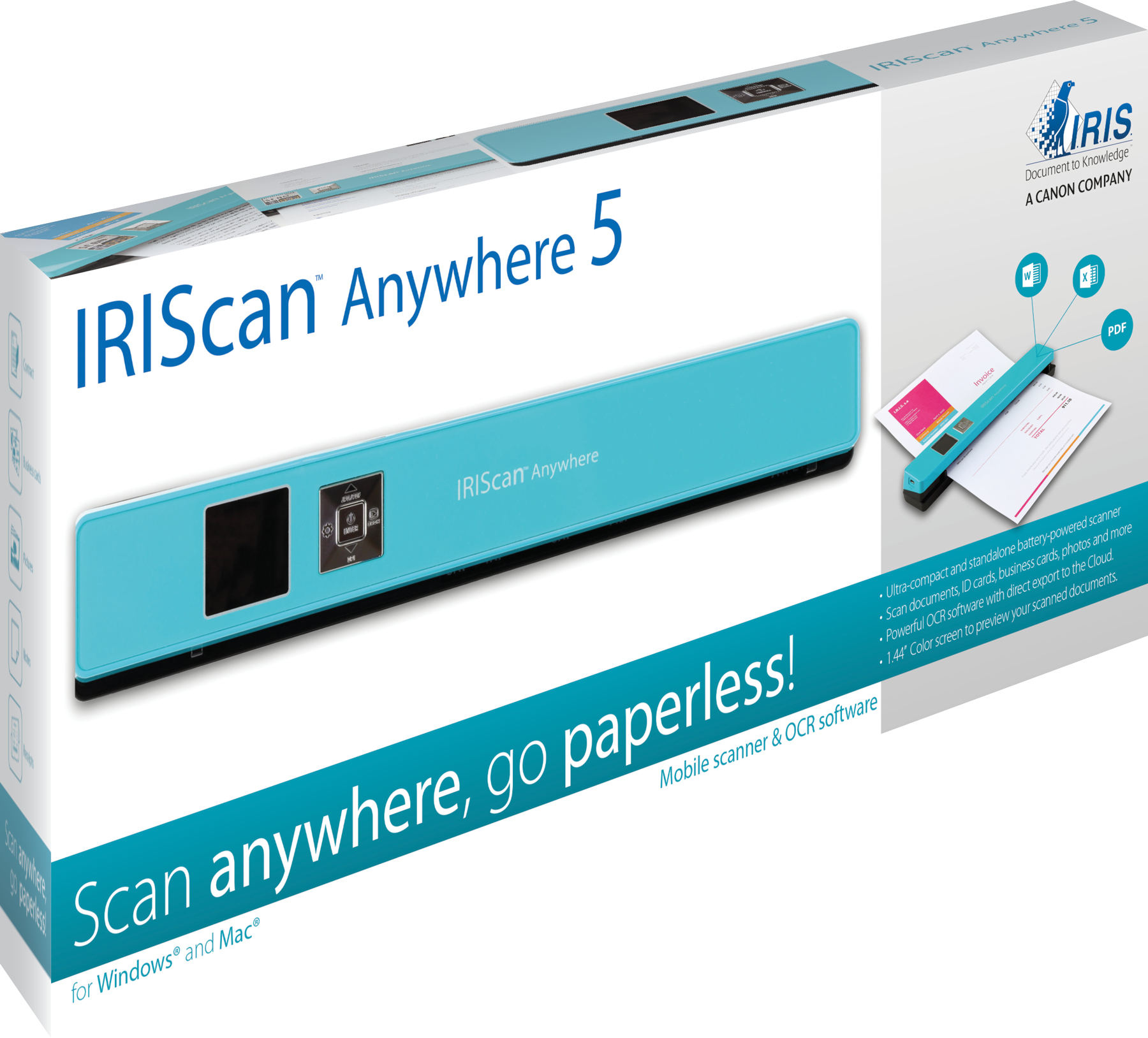 Niebieski skaner IRIScan 5 na pudełku z informacjami o produkcie.