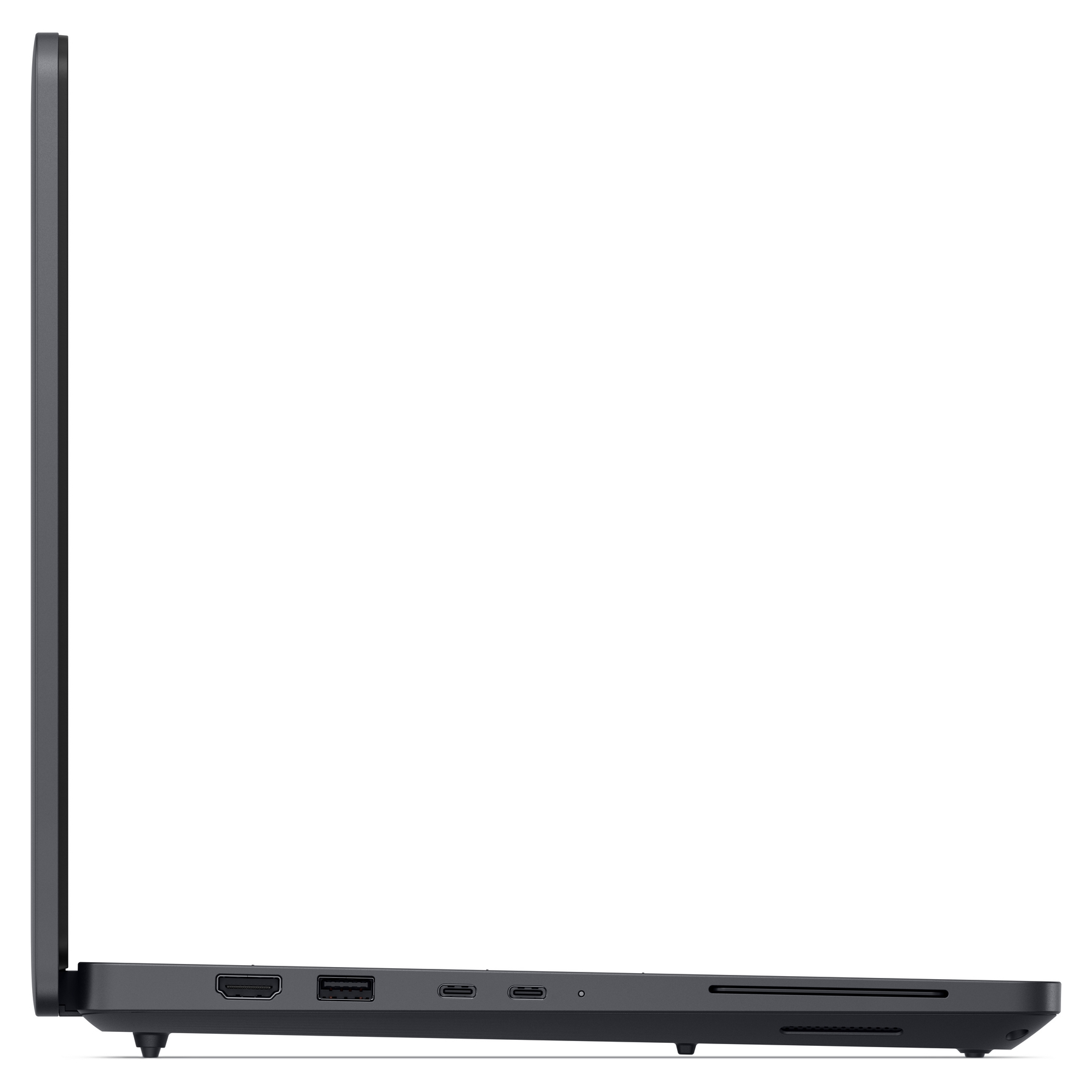 Vista laterale di un laptop scuro con porte HDMI, USB e USB-C.