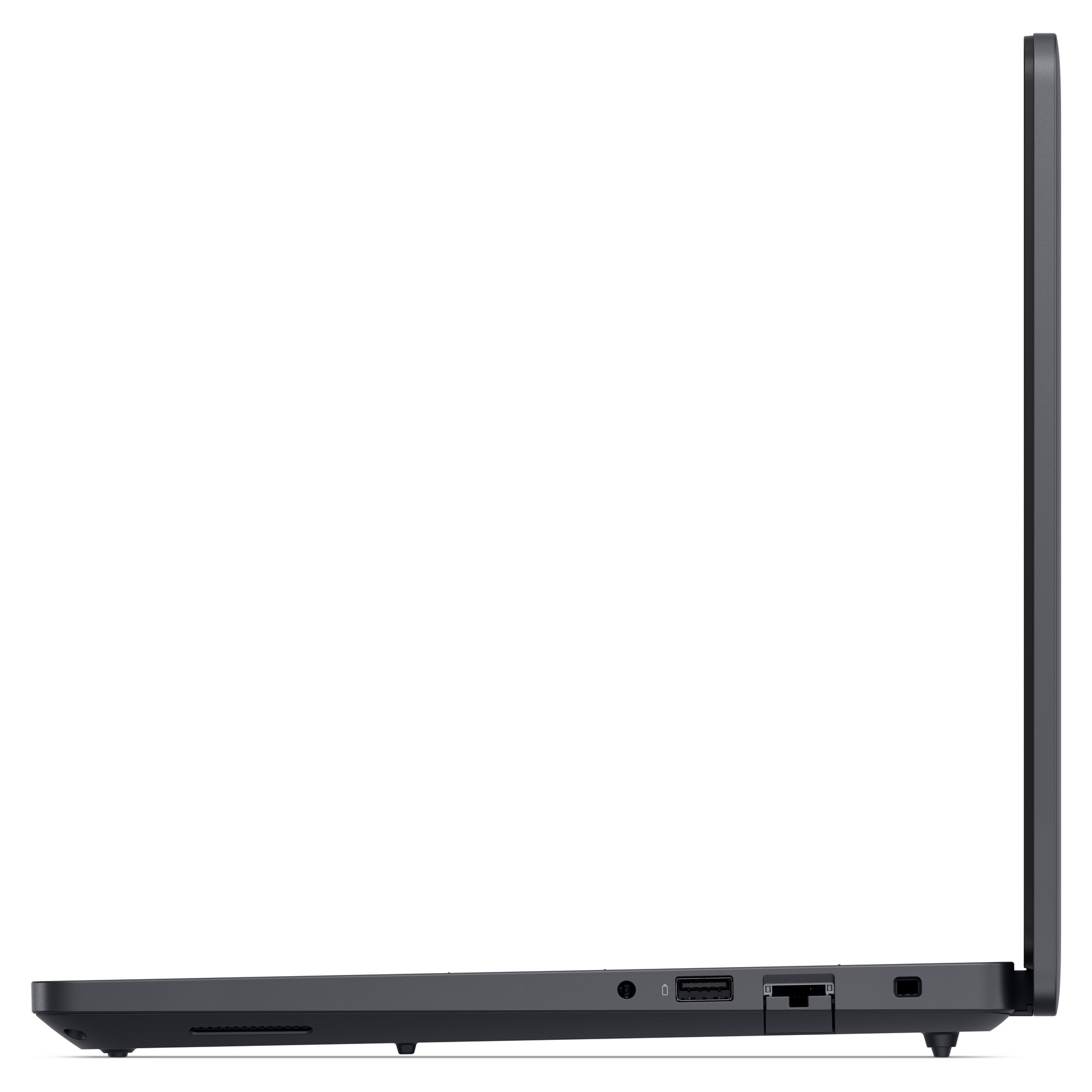 Vista laterale di un laptop scuro che mostra porte USB e una porta Ethernet.