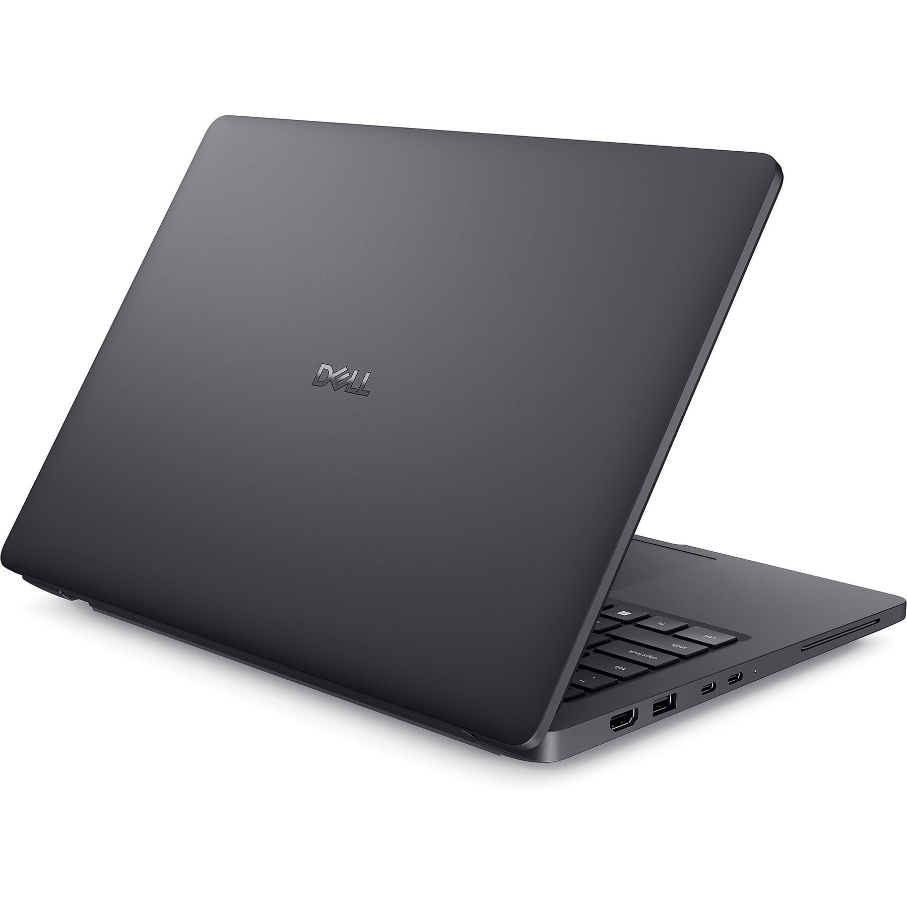 Un laptop Dell chiuso e scuro con logo sul coperchio, sfondo bianco.