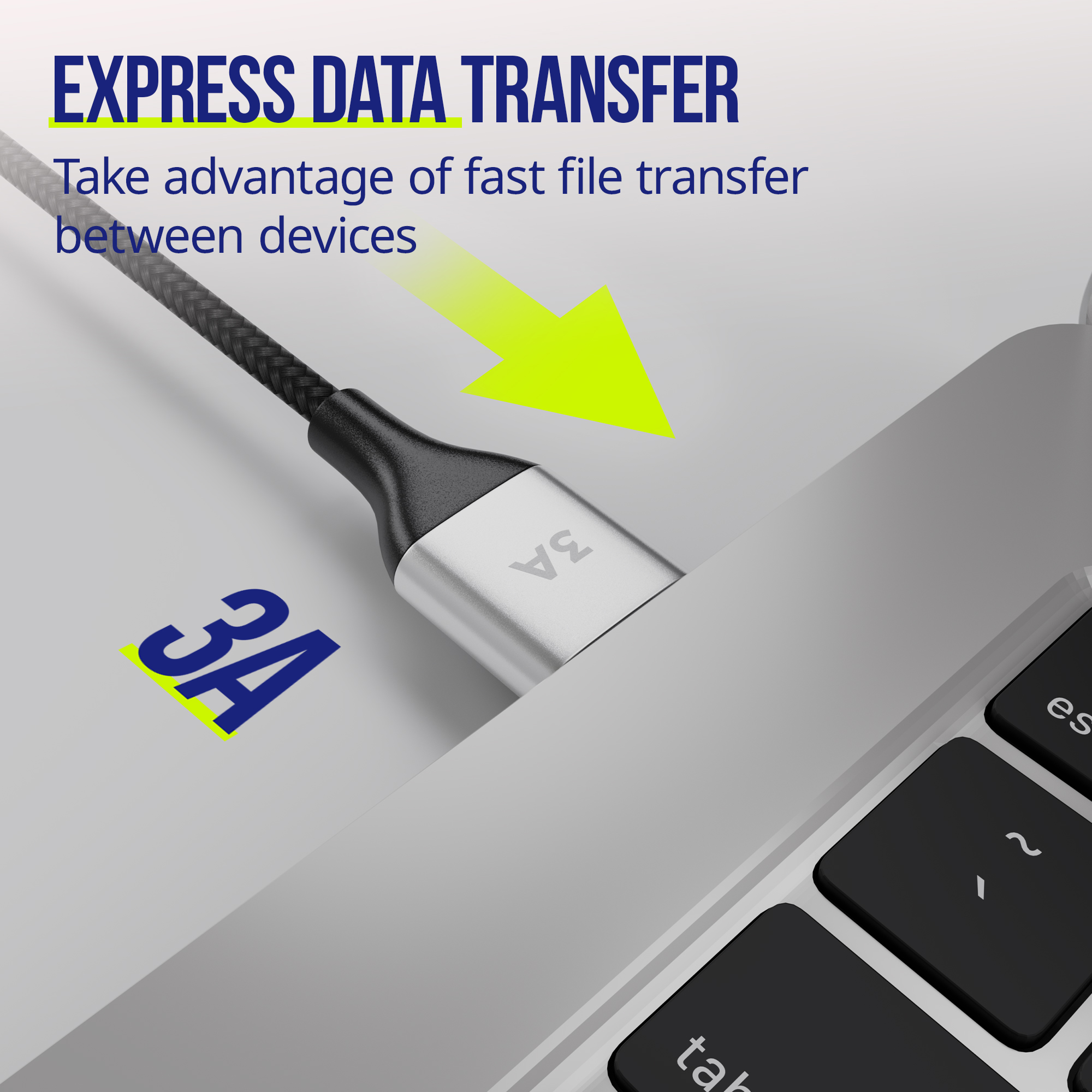 Cavo USB-C argentato collegato a un laptop, testo 'EXPRESS DATA TRANSFER'.