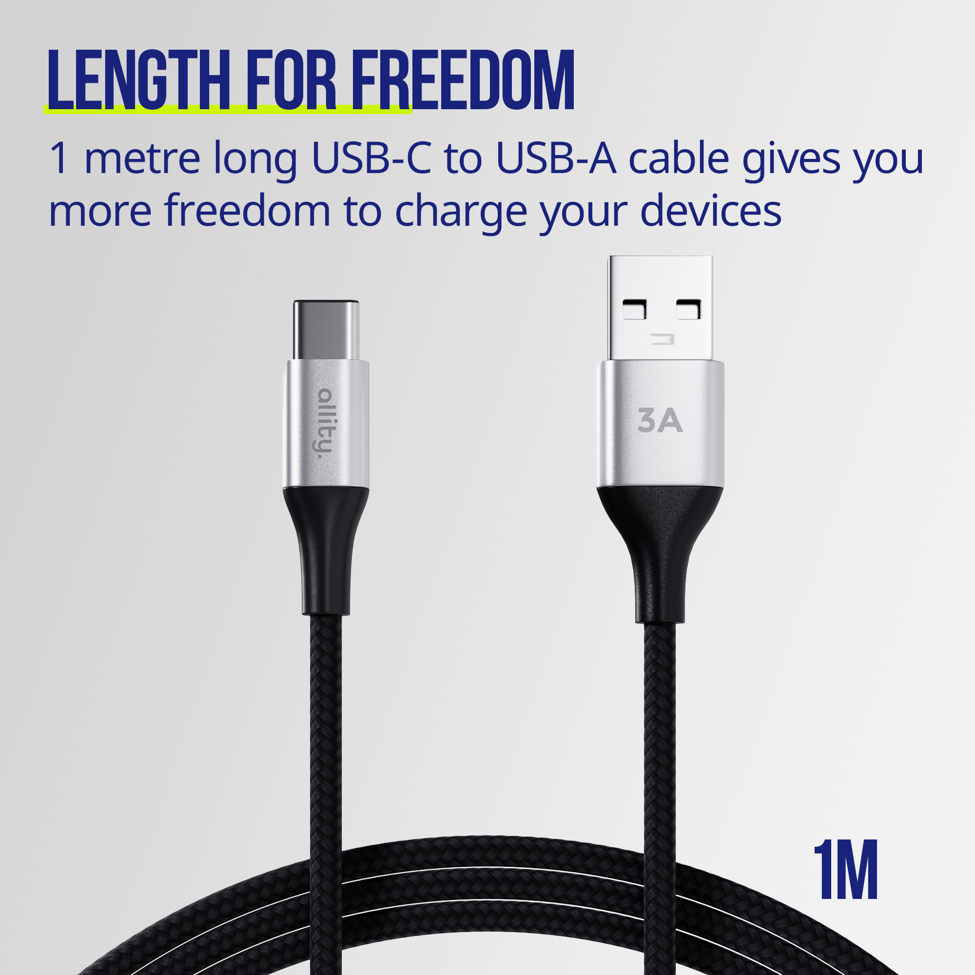 Un cavo USB-C a USB-A da 1m, connettori argentati, cavo intrecciato nero.