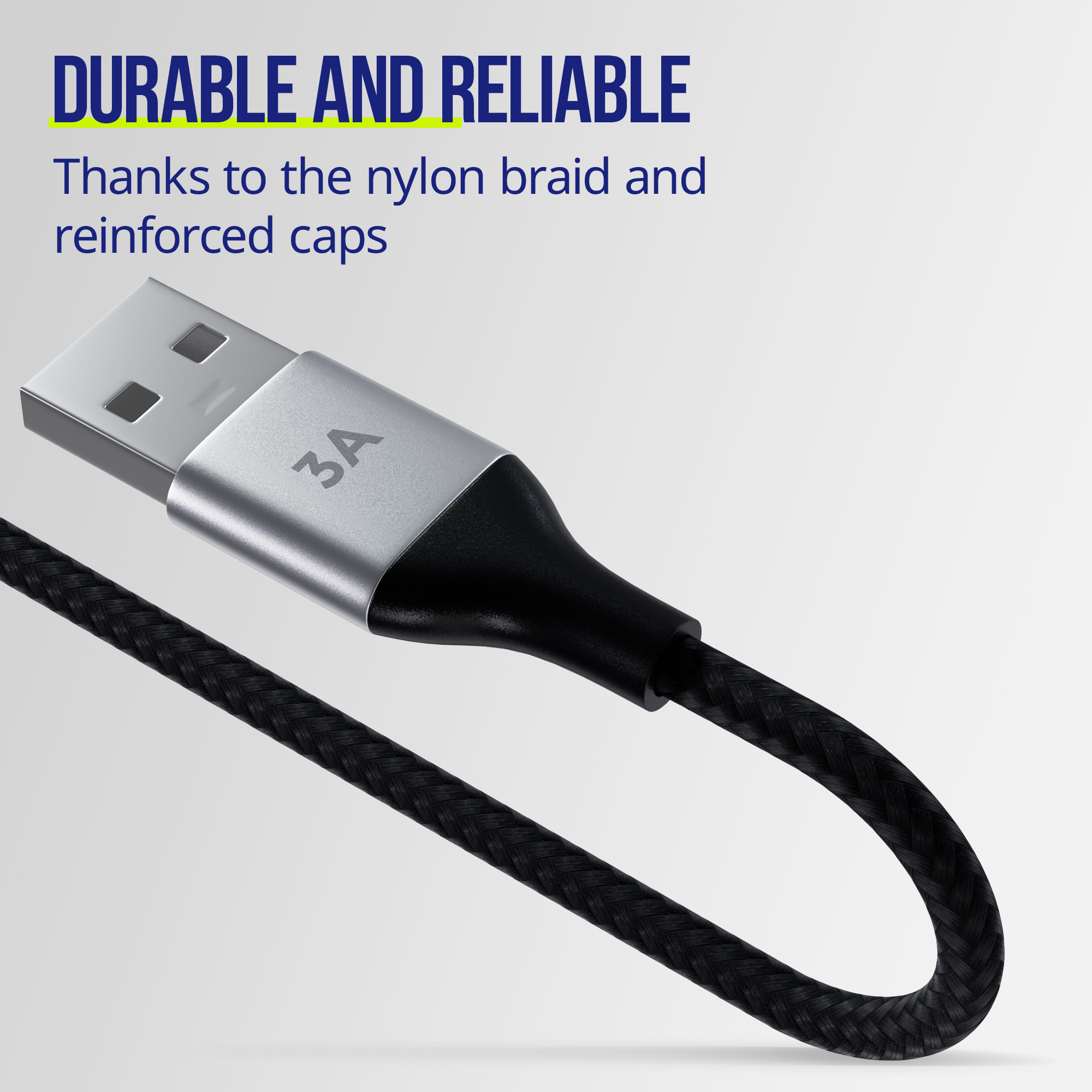 Un cavo USB nero con connettore argentato etichettato 3A.