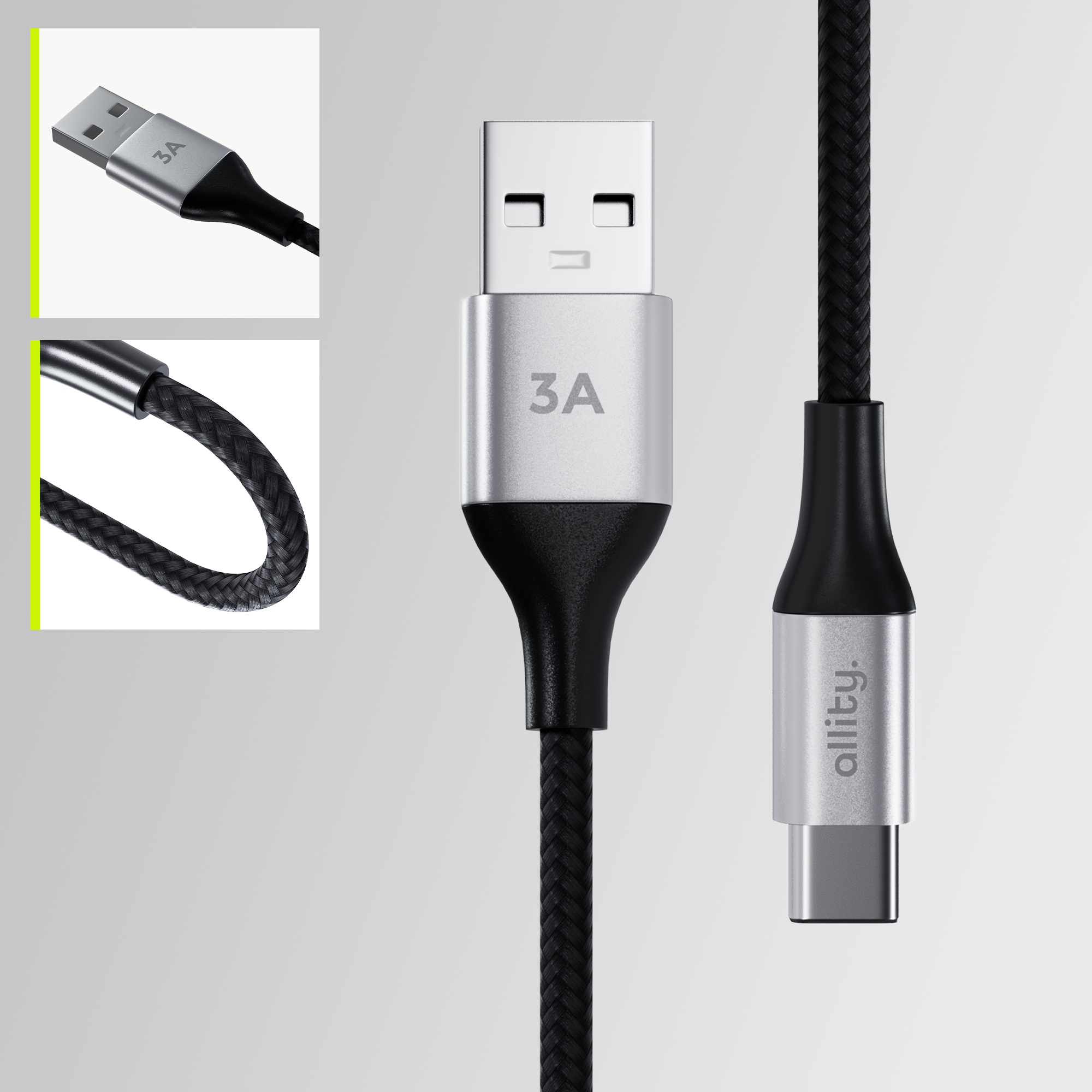 Un cavo USB-C nero con connettori argentati e logo 'allity'.