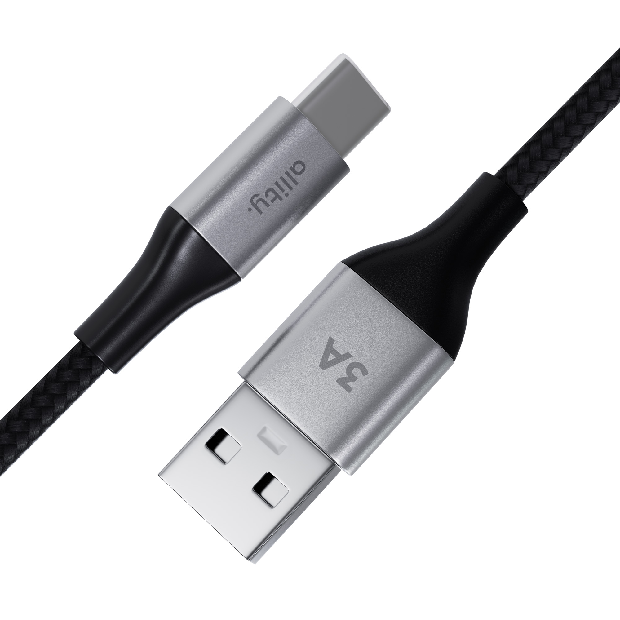 Un cavo di ricarica USB-A e USB-C argentato con cavo nero intrecciato.