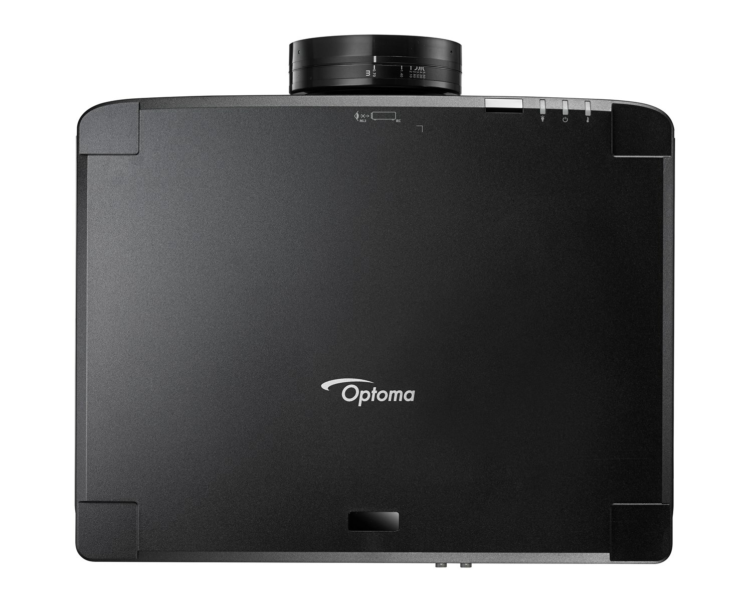 Proiettore Optoma nero con lente in alto e pulsanti sul retro.