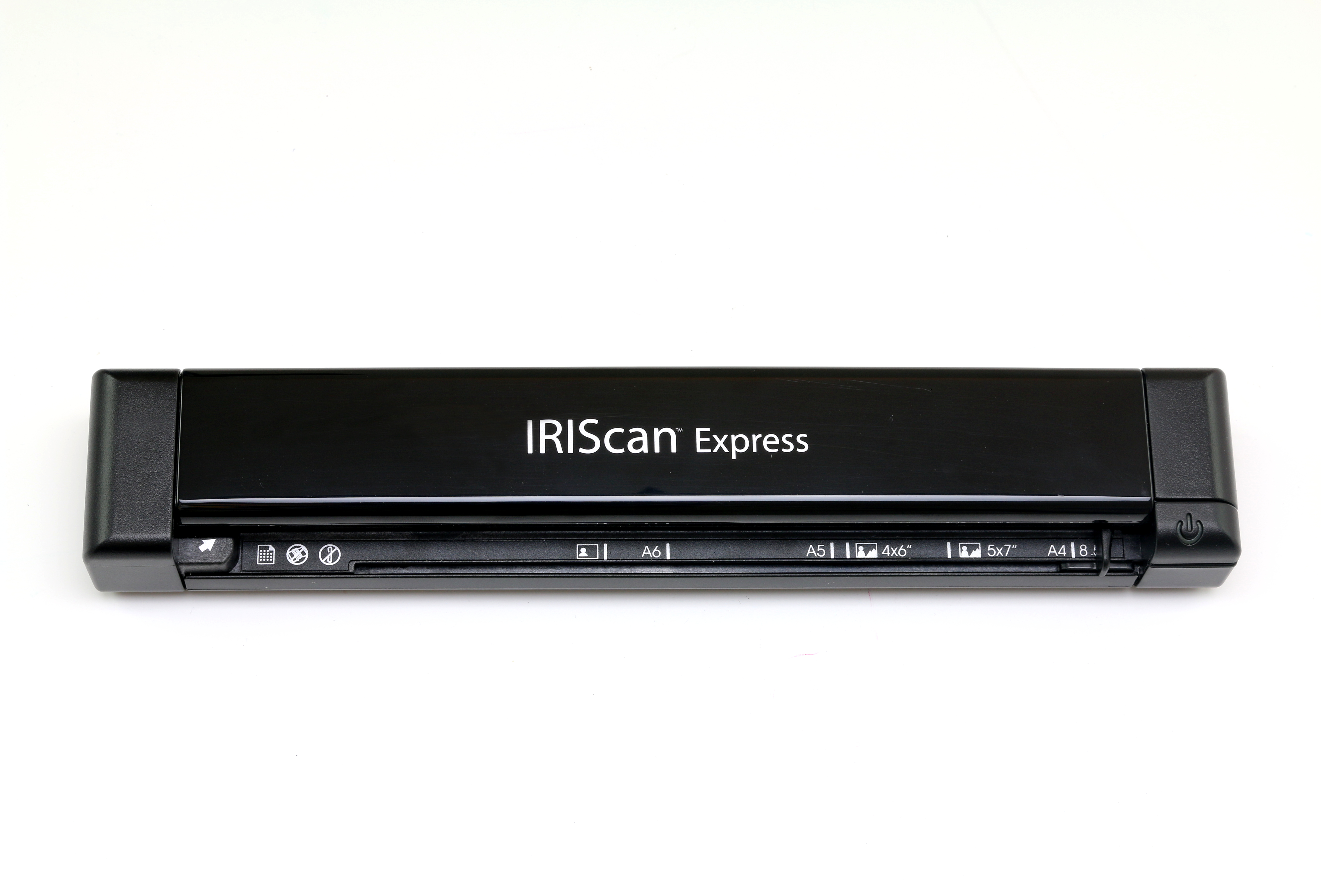 Schwarzer tragbarer Scanner IRIScan Express mit verschiedenen Grössenmarkierungen.