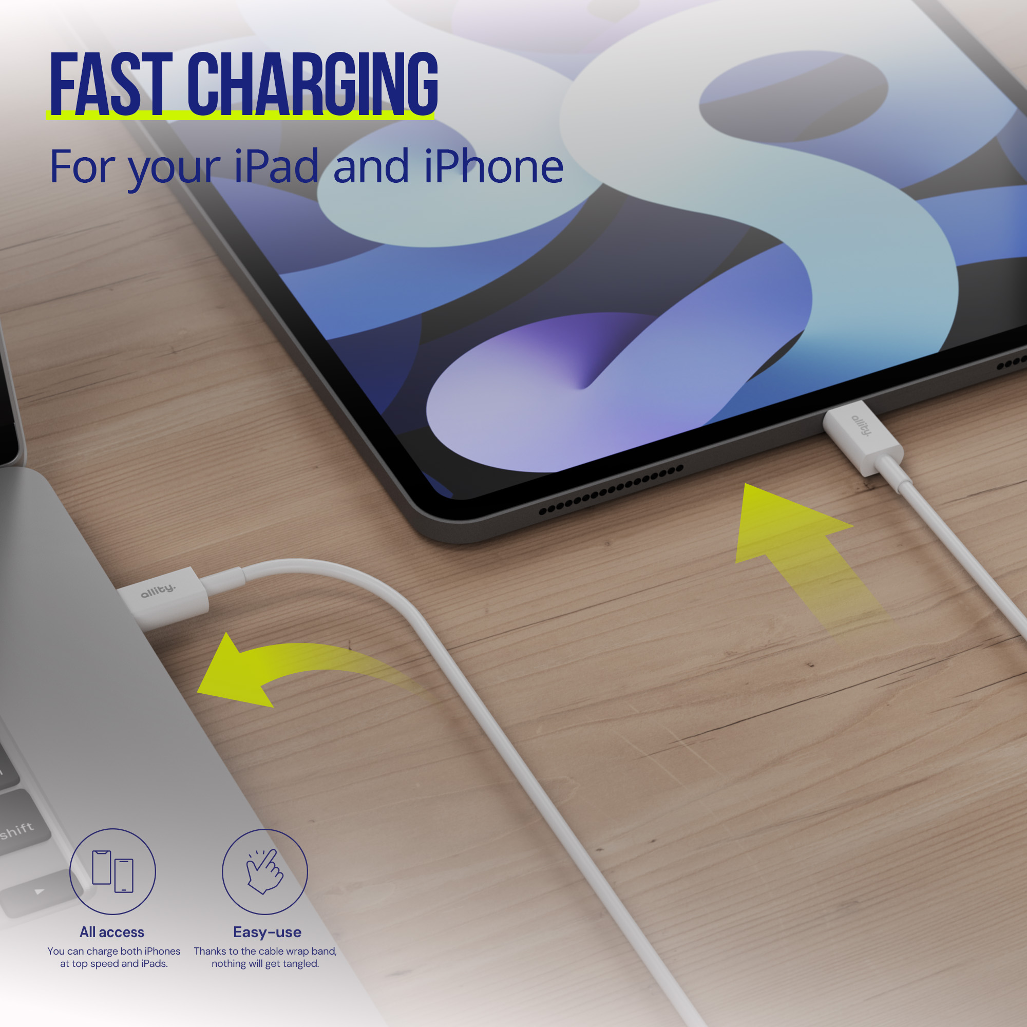 Cavi di ricarica bianchi collegano laptop e iPad. Testo: FAST CHARGING.