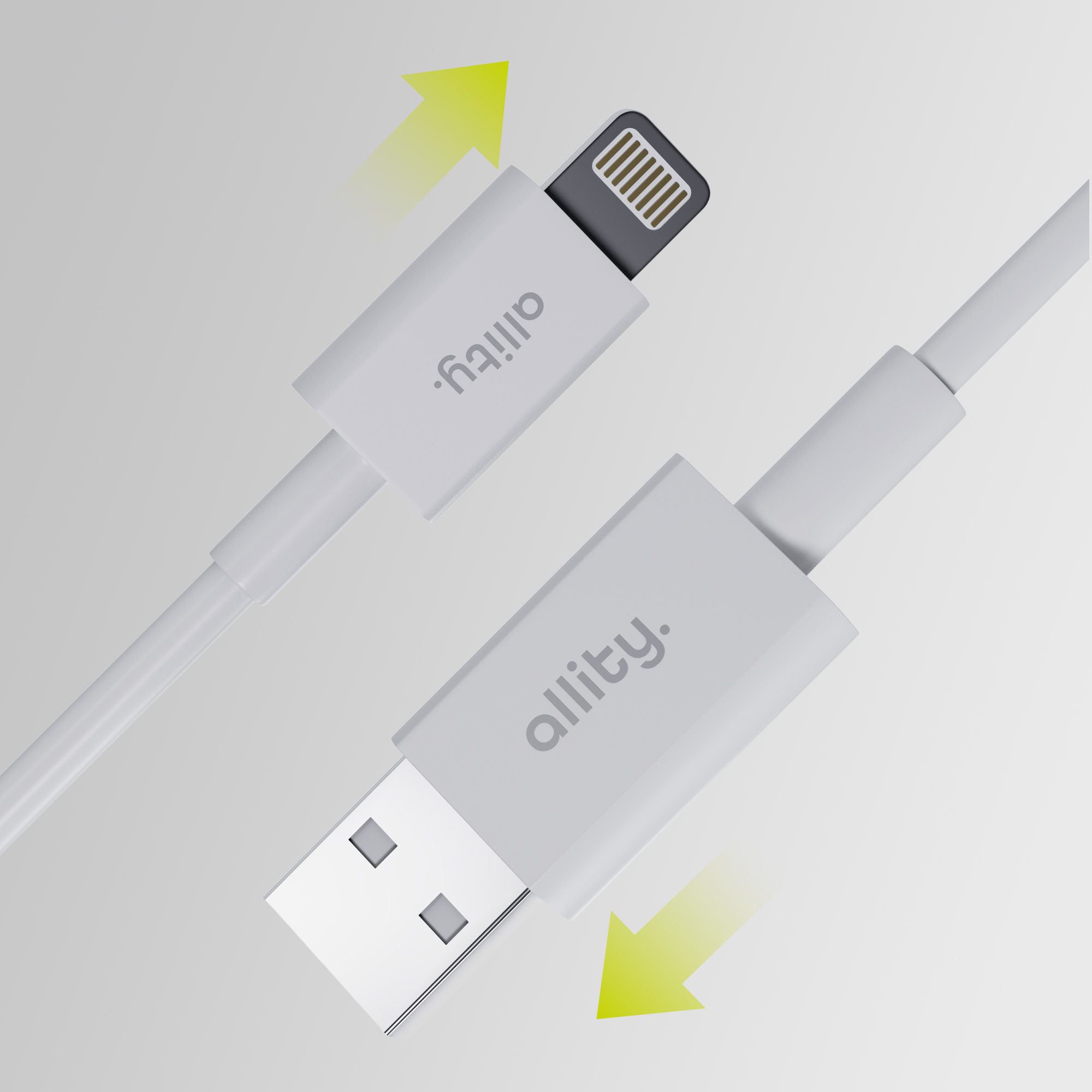 Cavo di ricarica bianco con connettore USB-A e Lightning, frecce bianche.
