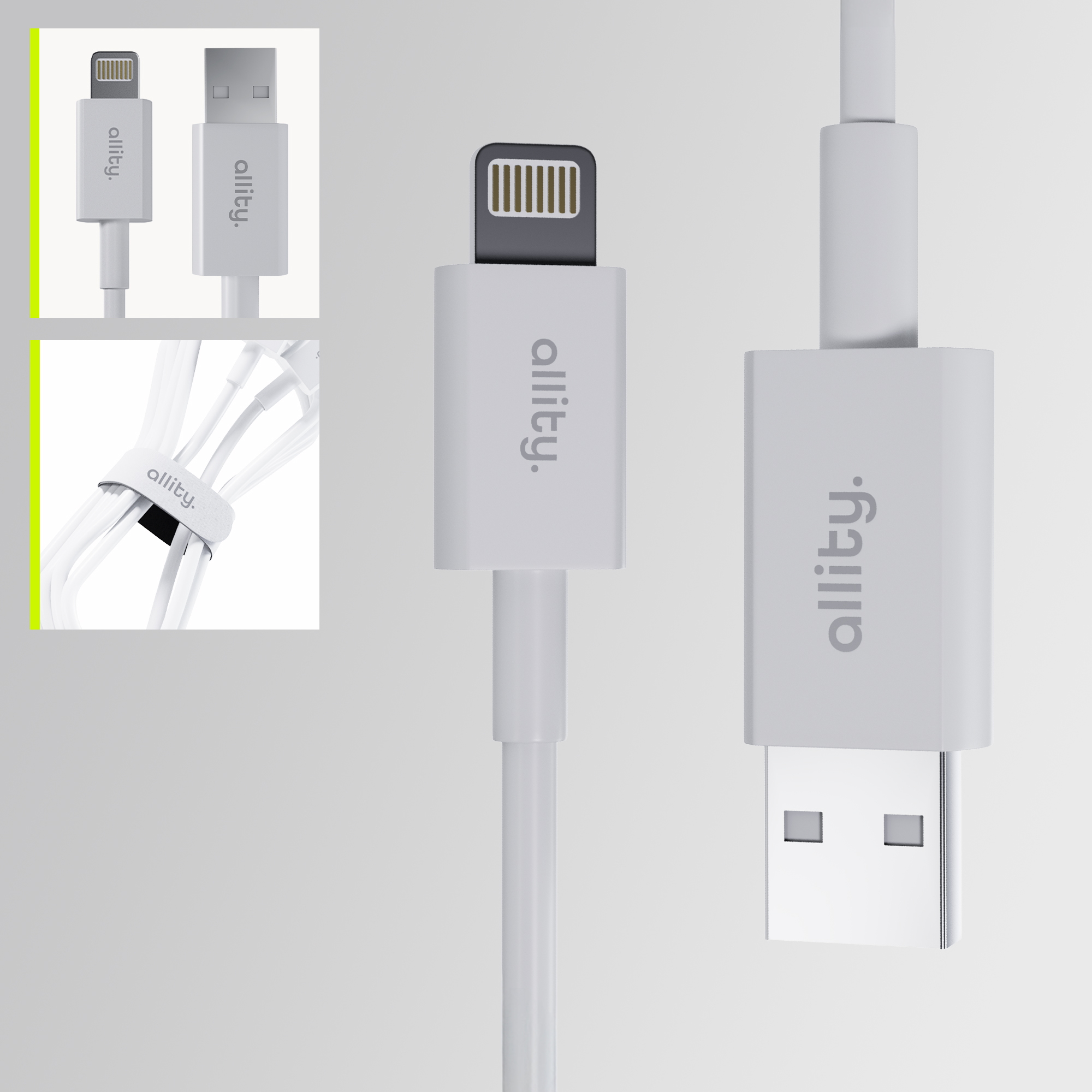 Un cavo bianco da lightning a USB con logo "allity.", vista ravvicinata.