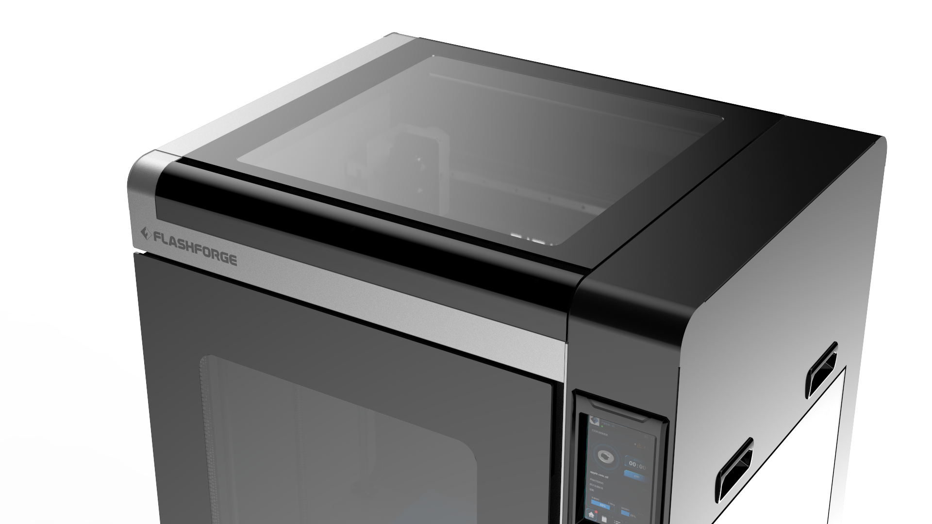 Una stampante 3D nera con coperchio in vetro e display touch.