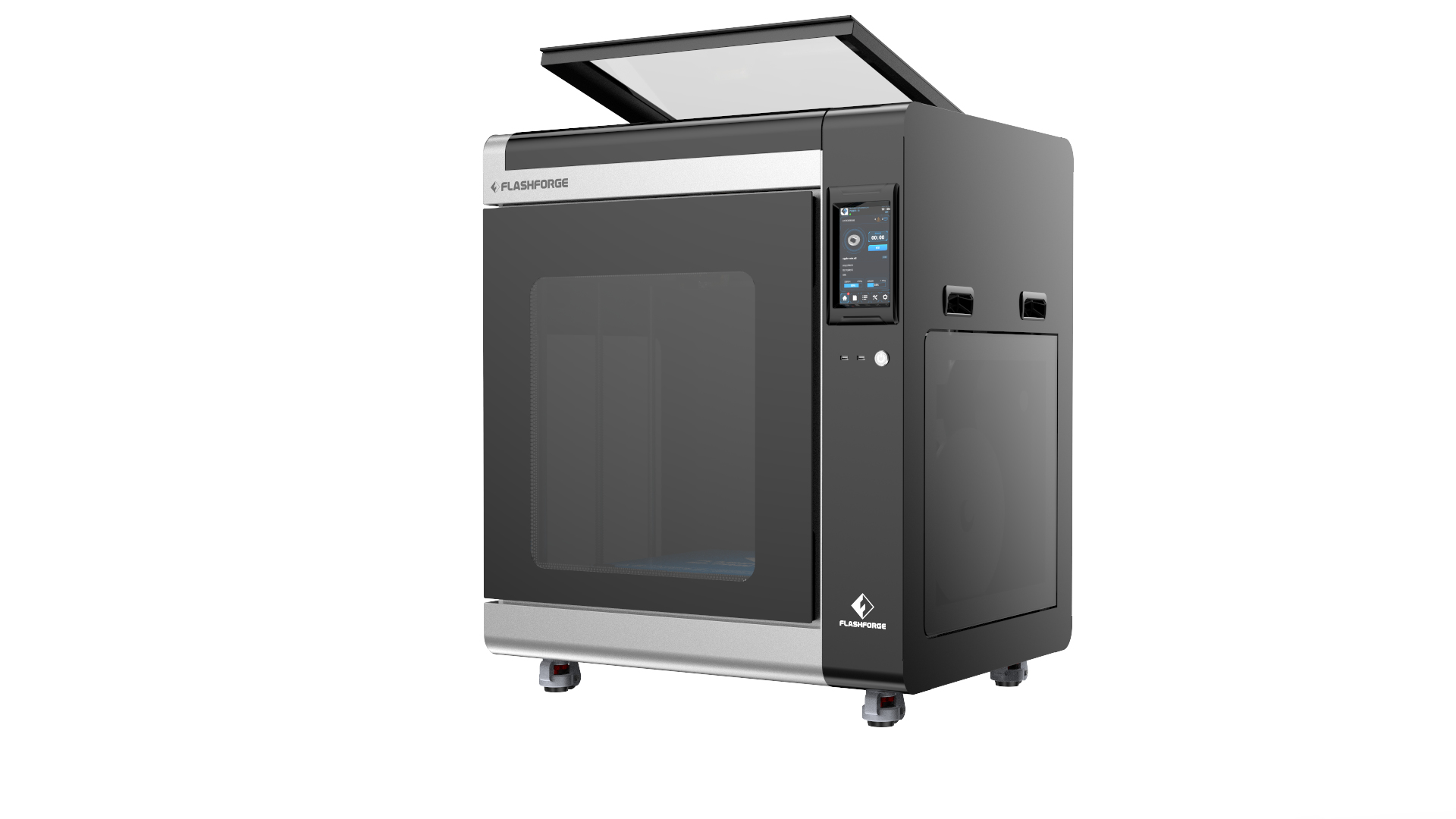 Una stampante 3D Flashforge nera con coperchio aperto e touchscreen.