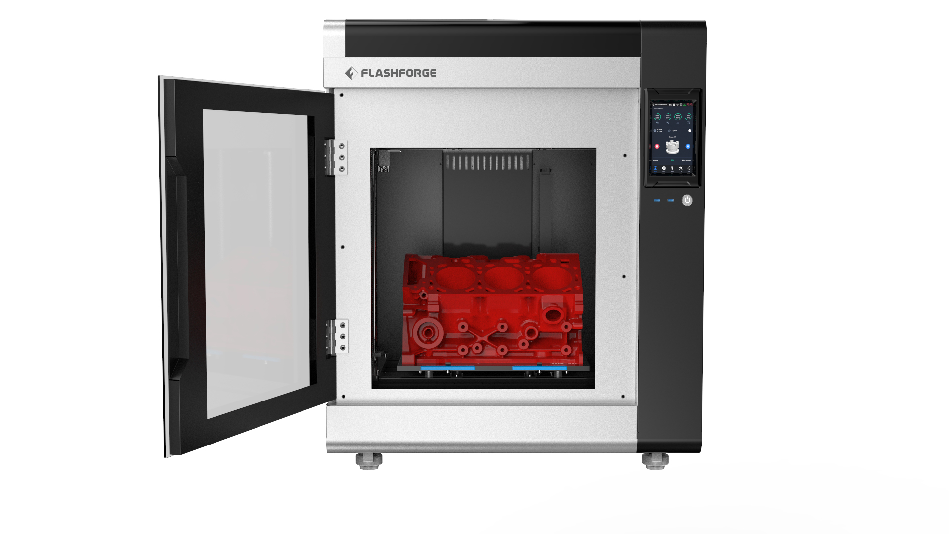 Blocco motore Vierzylinder rosso all'interno di una stampante 3D Flashforge con porta aperta.