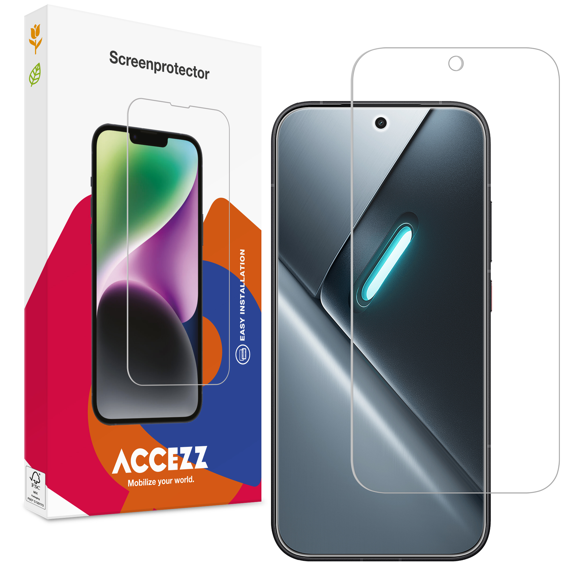 Confezione con protezione schermo smartphone e smartphone.
