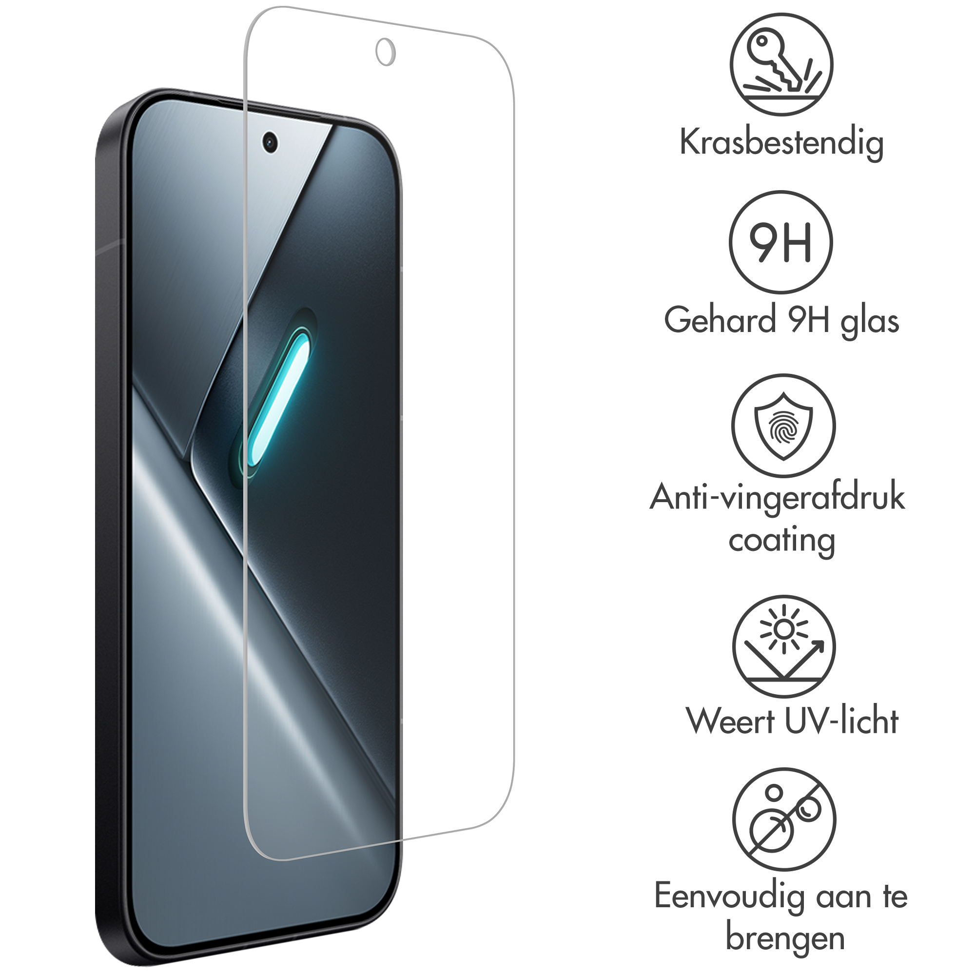 Protezione schermo per smartphone con icone: antigraffio, 9H, anti-impronta, protezione UV.