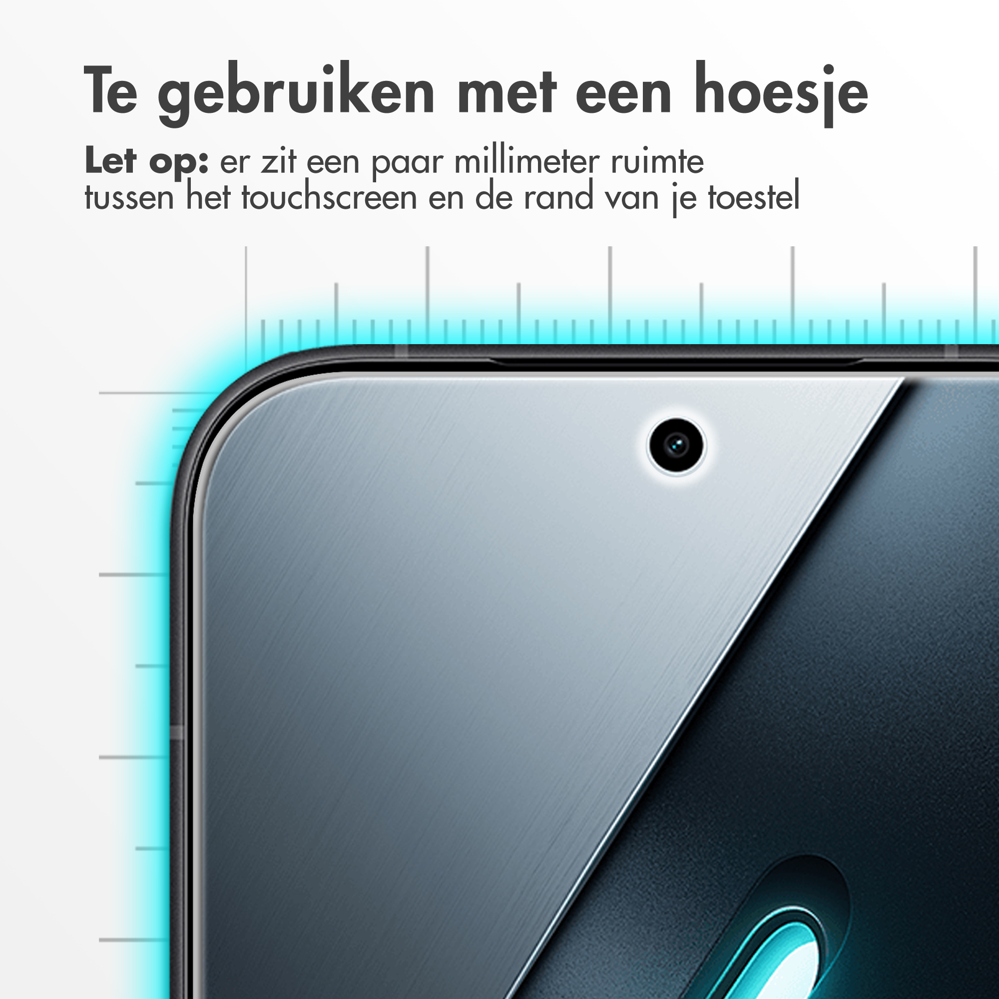Primo piano di uno smartphone con scala di misurazione. Testo: Usare con custodia.