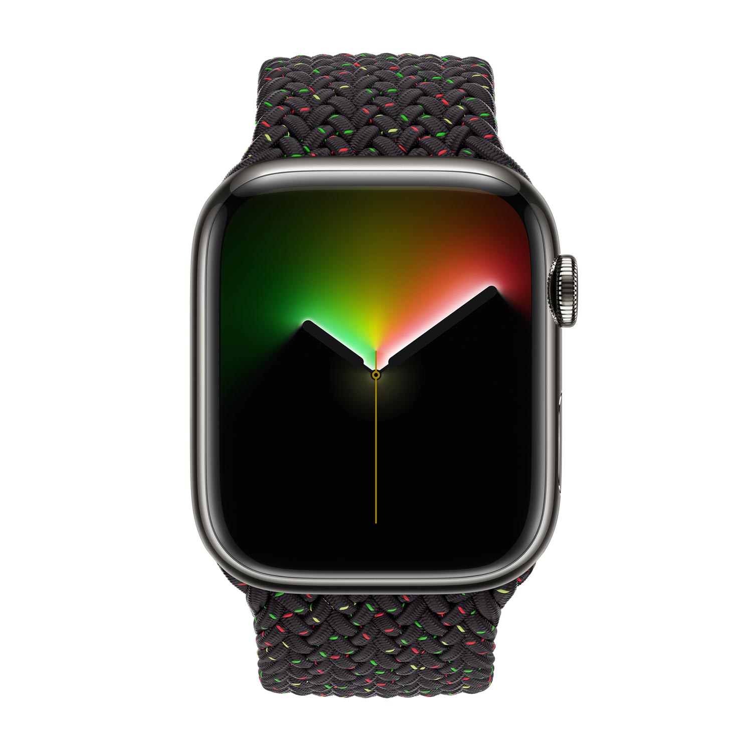 Un Apple Watch grigio con cinturino intrecciato colorato e quadrante sfumato.