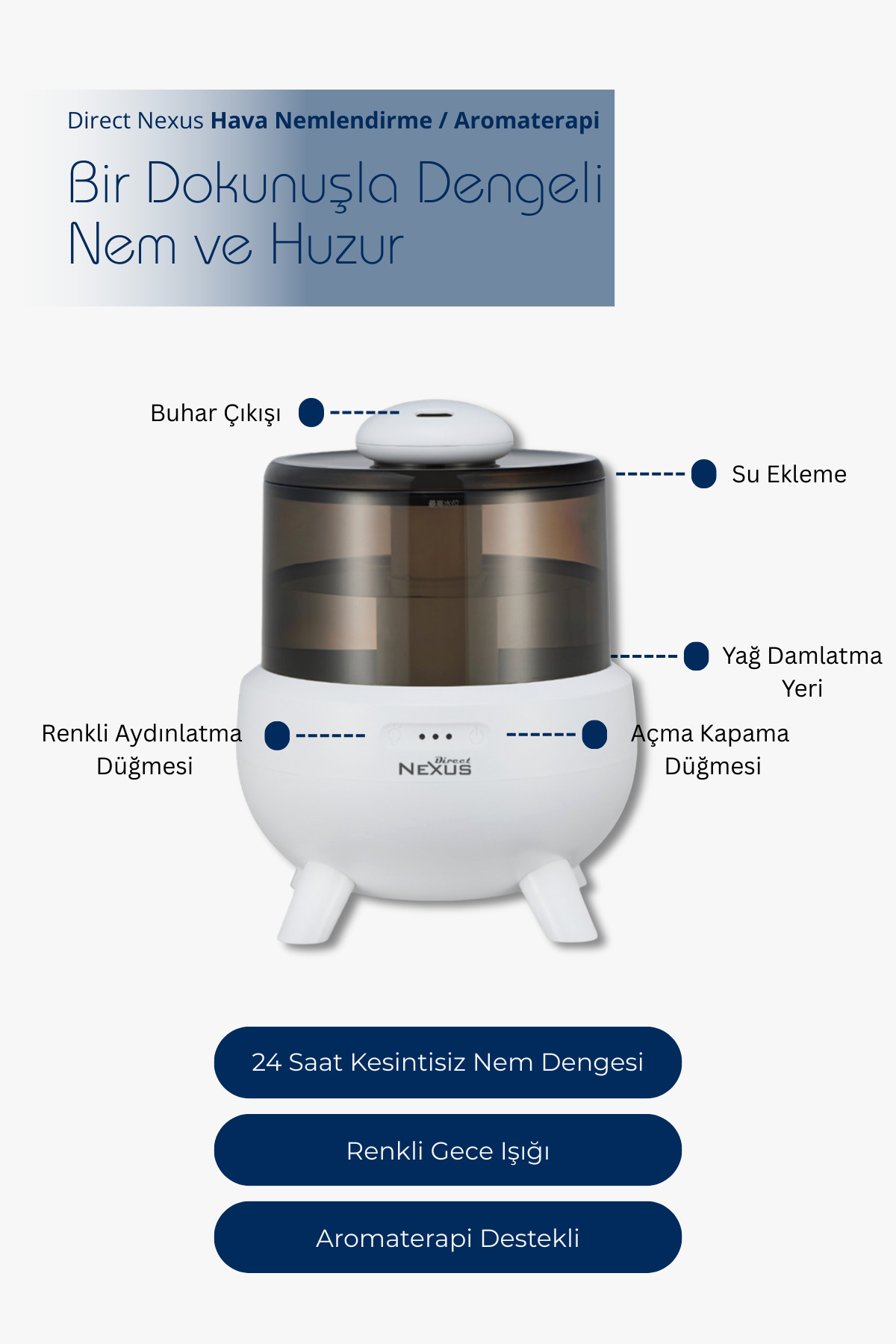 Koyu renkli tanklı beyaz nemlendirici, buhar çıkışı, su, yağ ve kontroller için etiketlenmiş.