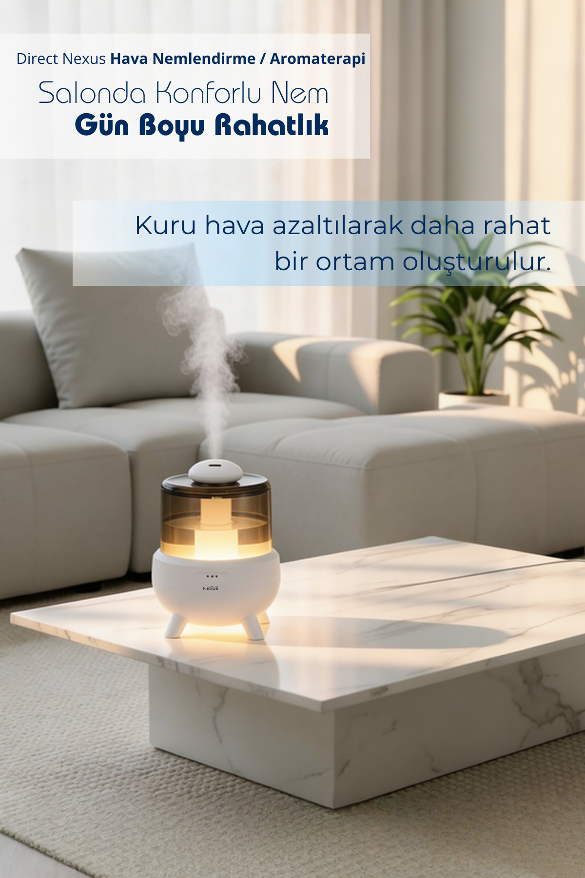 Amber renkli haznesi olan beyaz nemlendirici, mermer sehpa üzerinde buhar yayıyor.