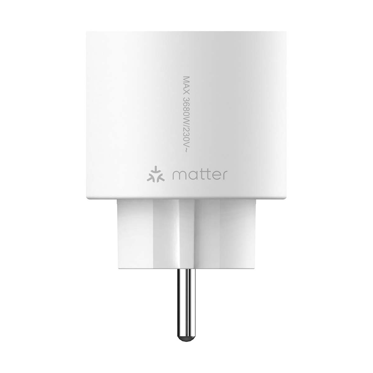 Ein weißer Stecker mit Matter-Logo und "MAX 3680W/230V~" Beschriftung.
