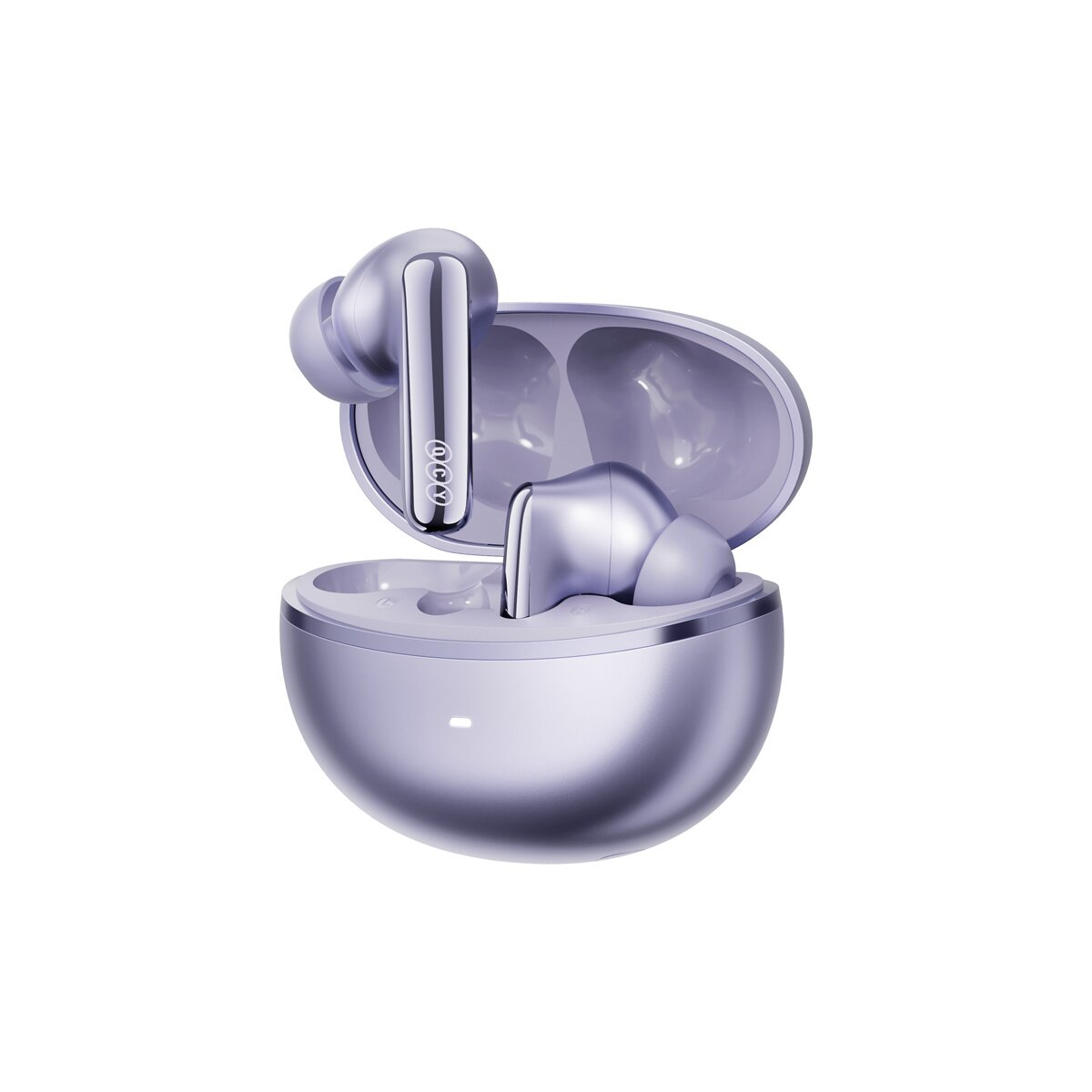 Auricolari wireless viola in custodia di ricarica aperta su sfondo bianco.