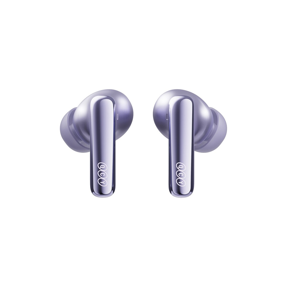 Due auricolari wireless viola su sfondo bianco con logo QCY.