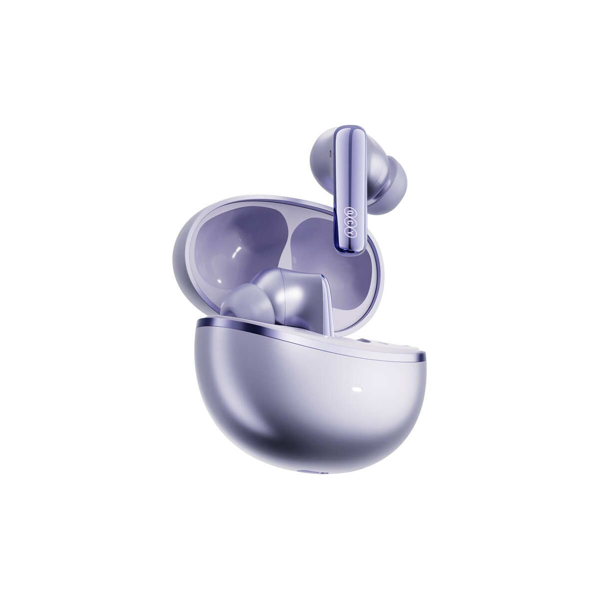 Una custodia di ricarica viola con due auricolari wireless, uno rimosso.
