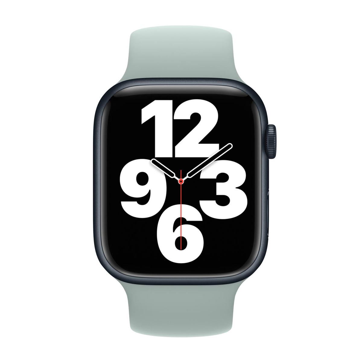 Uno smartwatch grigio chiaro con quadrante nero e numeri bianchi.