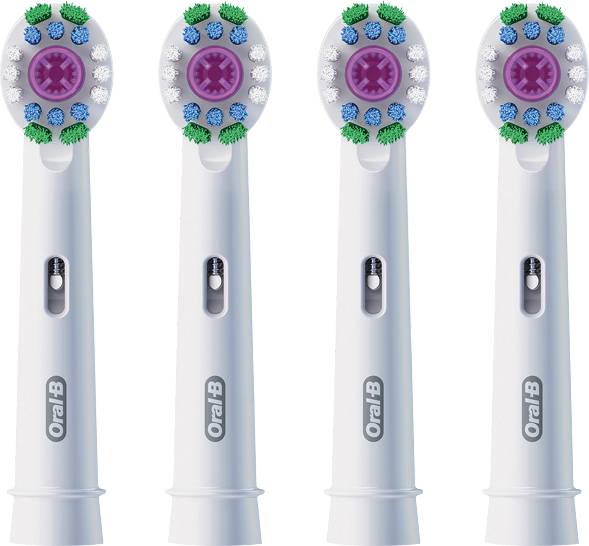 Quattro testine Oral-B bianche con setole viola, blu e verdi, una accanto all'altra.