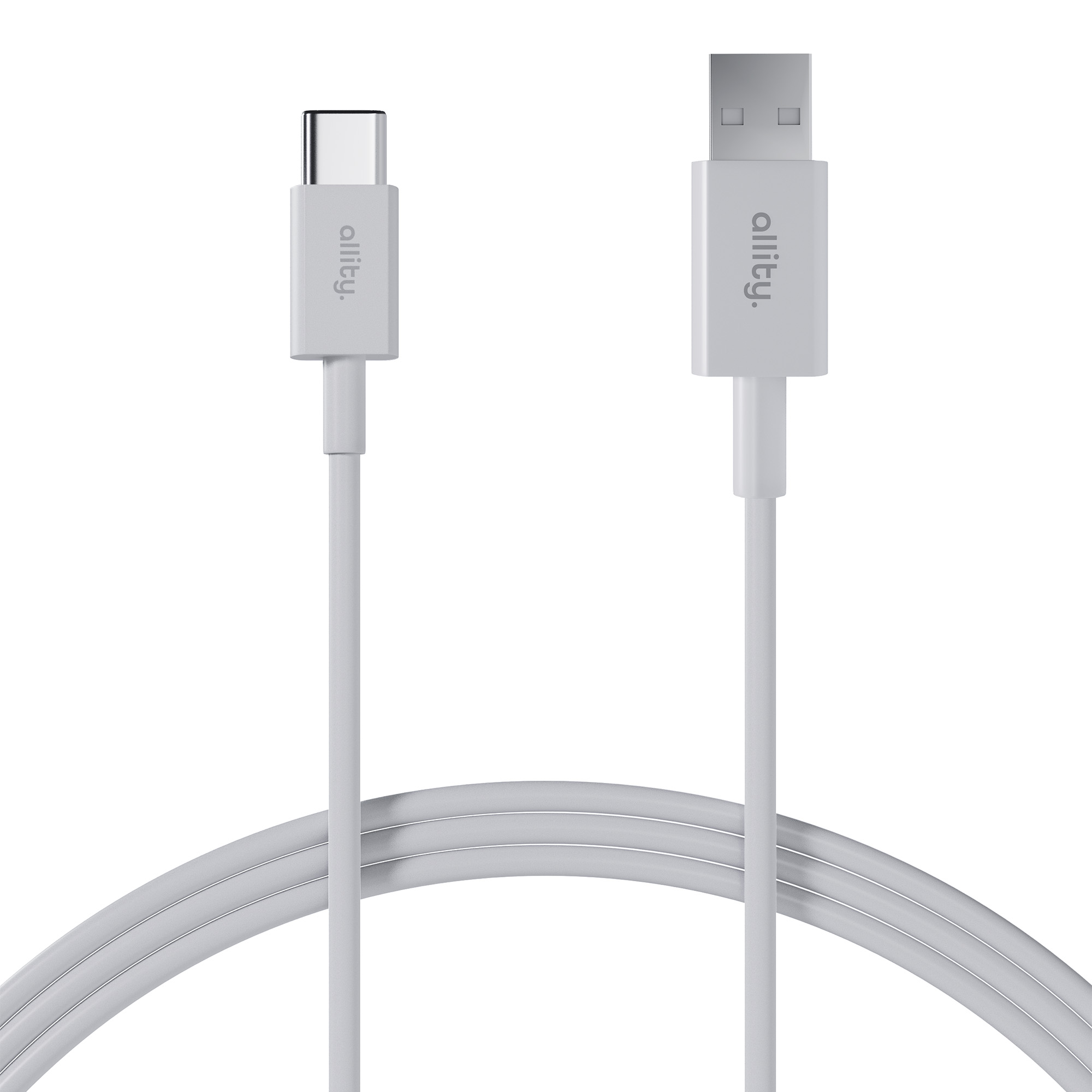 Biały kabel USB-C do USB-A z logo na białym tle.